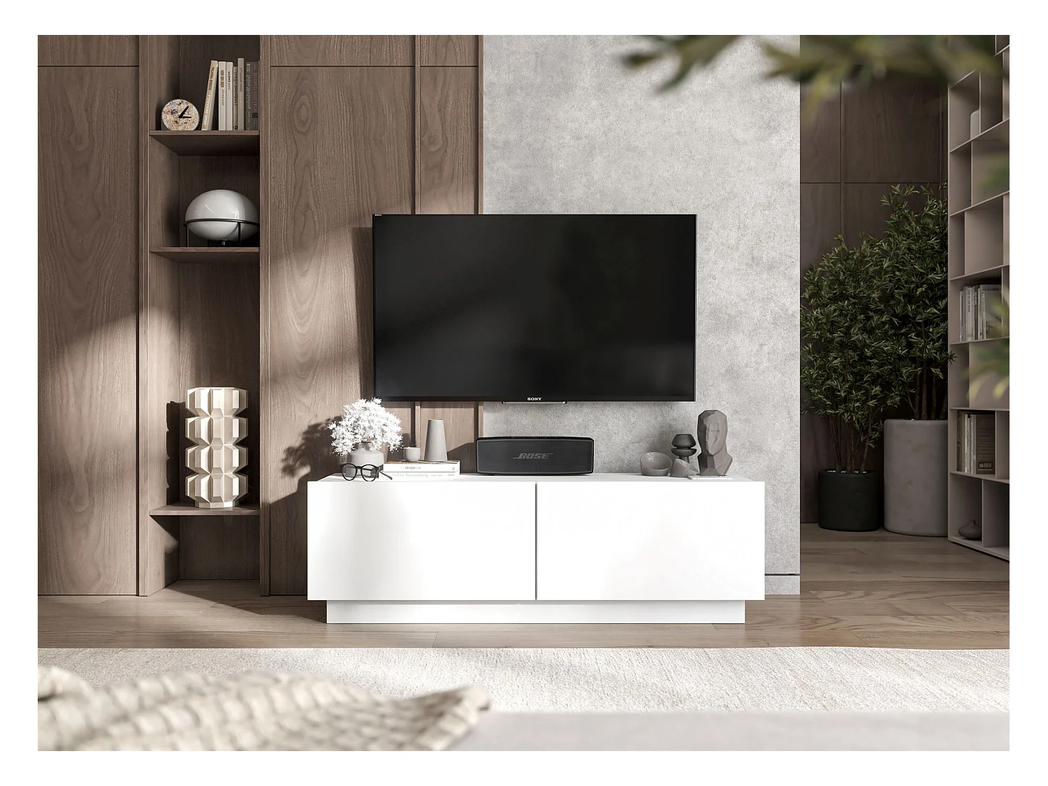 Meuble TV avec 2 portes - corps Blanc mat, façades Blanc mat - 120 cm, sur socle
