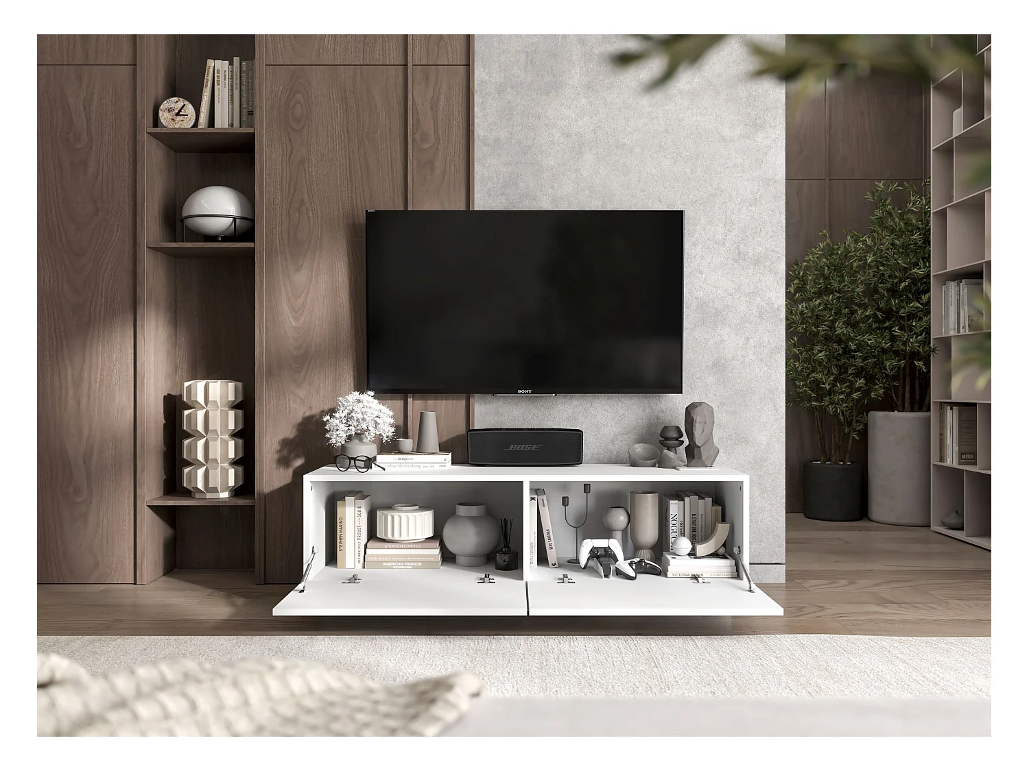 Meuble TV avec 2 portes - corps Blanc mat, façades Blanc mat - 120 cm, sur socle