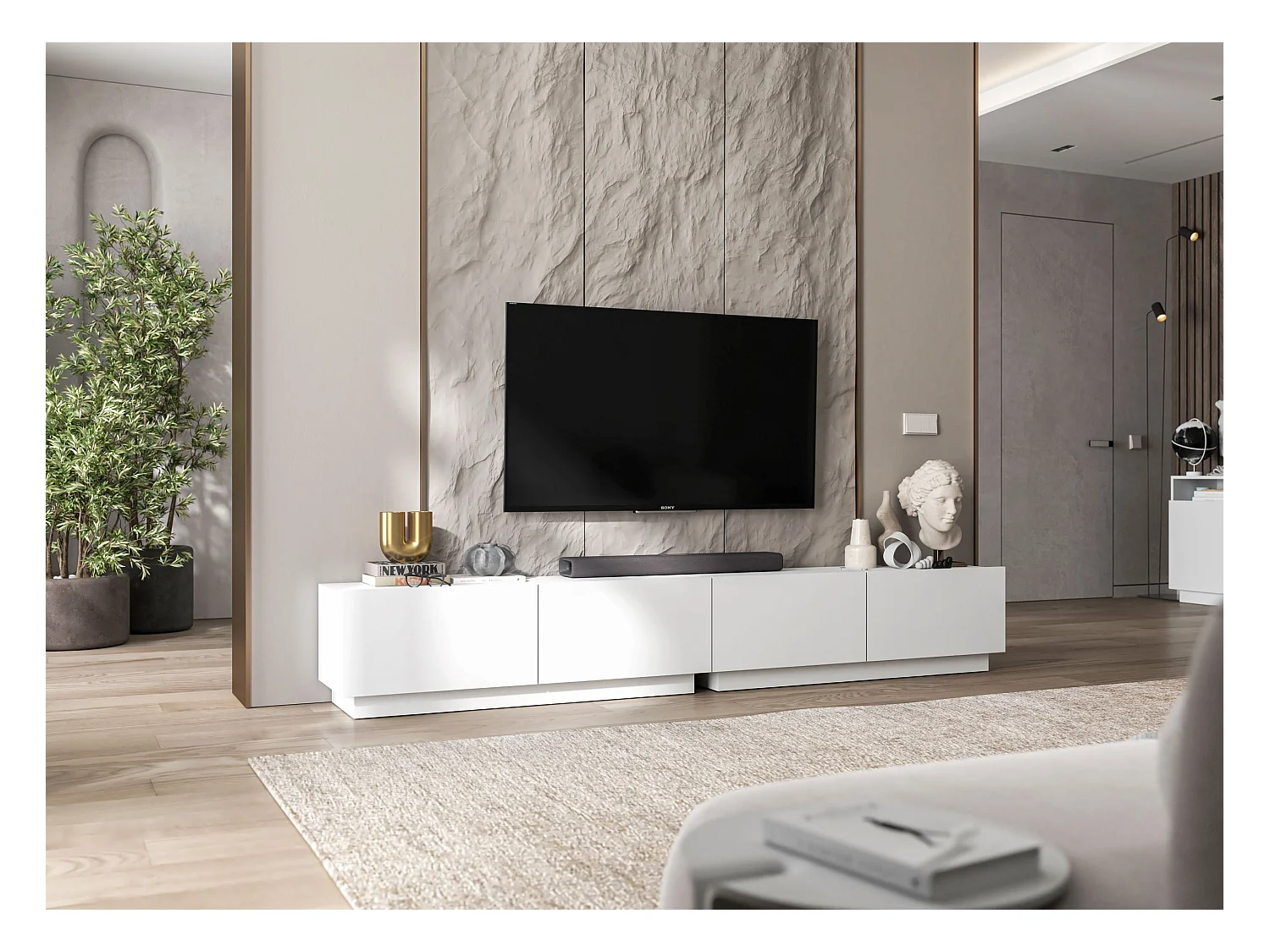 Meuble TV avec 2 portes - corps Blanc mat, façades Blanc mat - 120 cm, sur socle