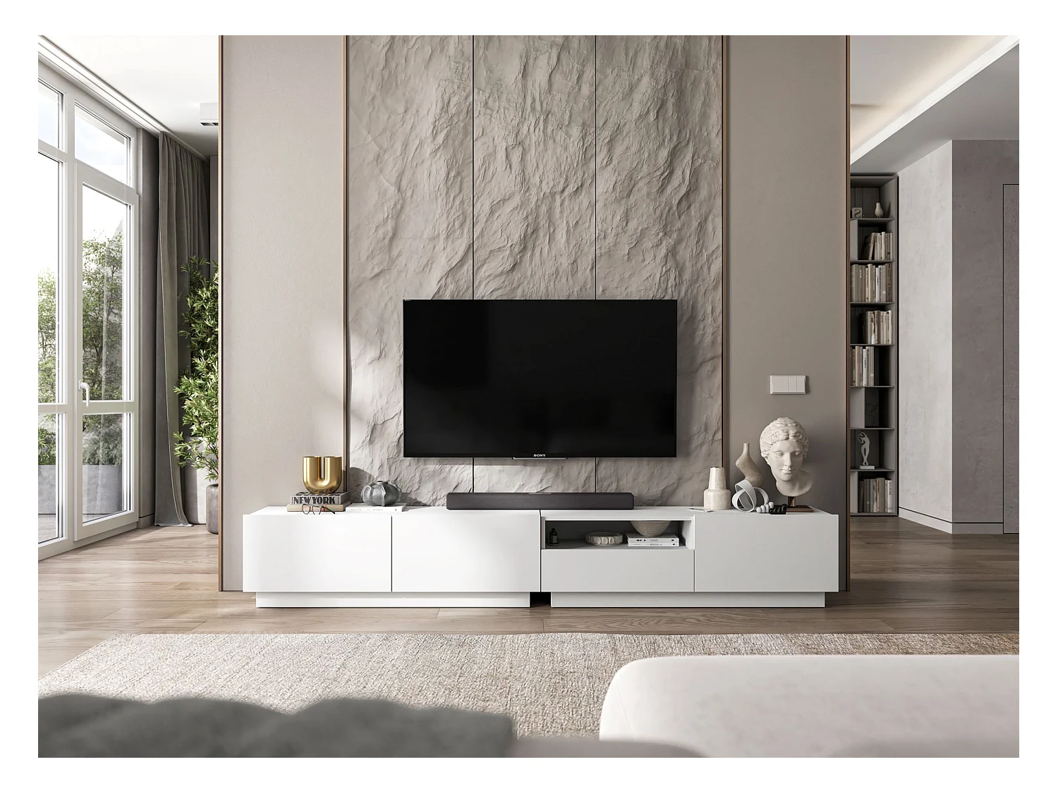 Meuble TV avec 2 portes - corps Blanc mat, façades Blanc mat - 120 cm, sur socle
