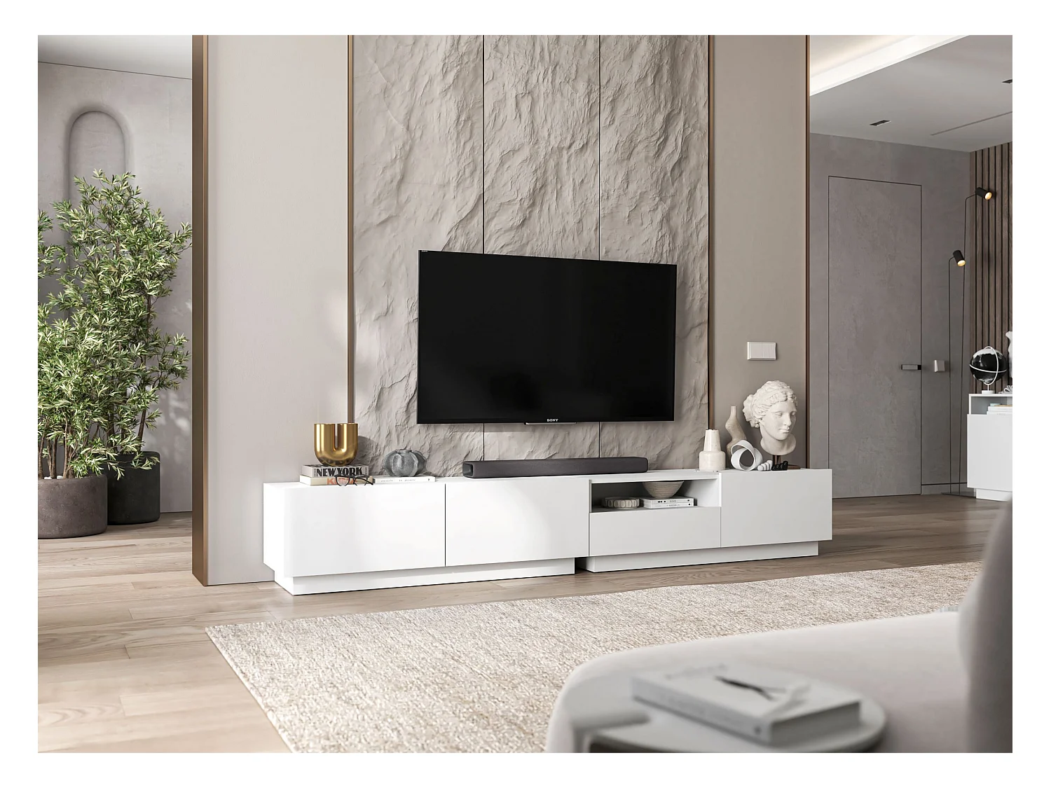 Meuble TV avec 2 portes - corps Blanc mat, façades Blanc mat - 120 cm, sur socle