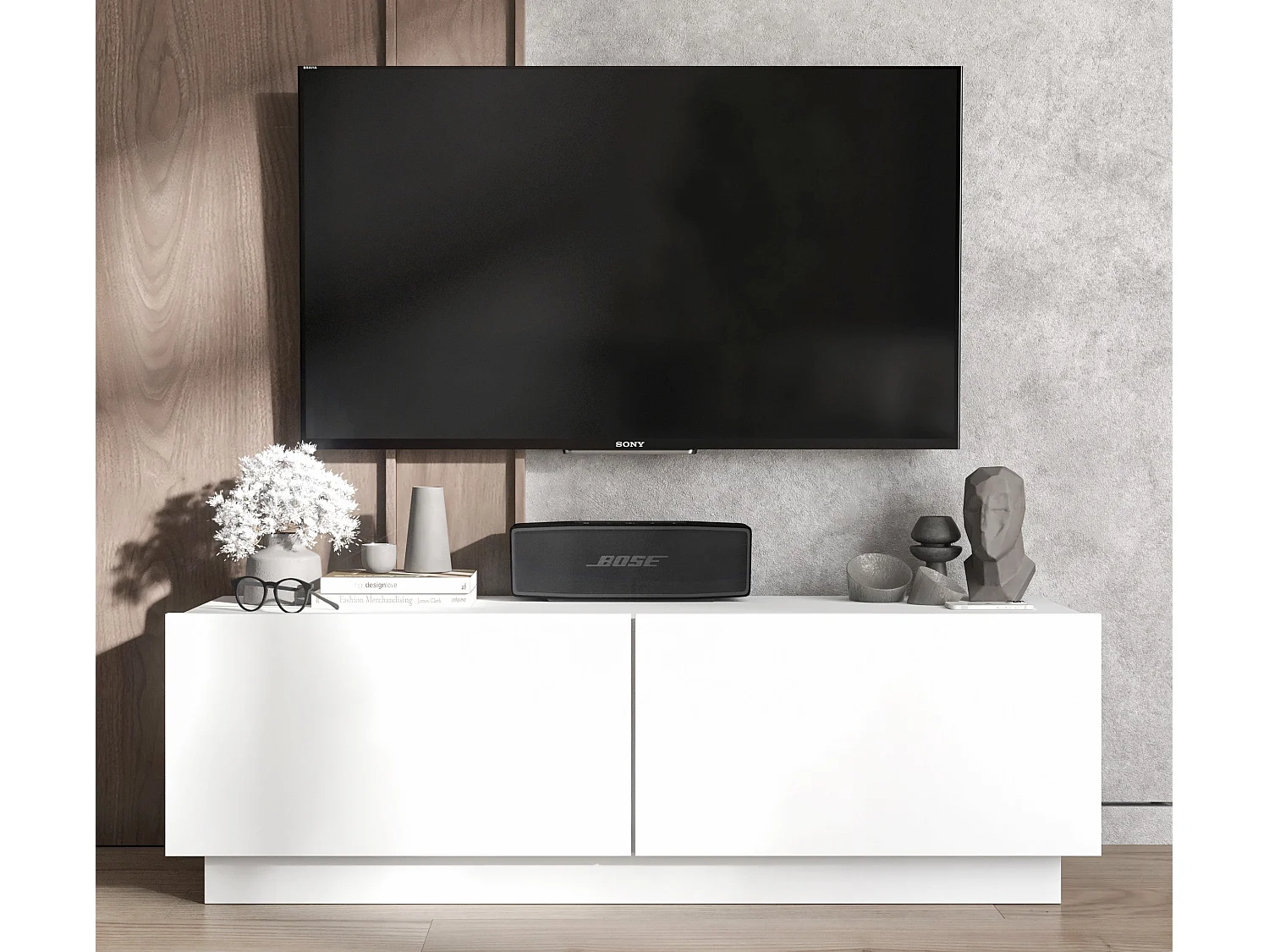 Meuble TV avec 2 portes - corps Blanc mat, façades Blanc mat - 120 cm, sur socle