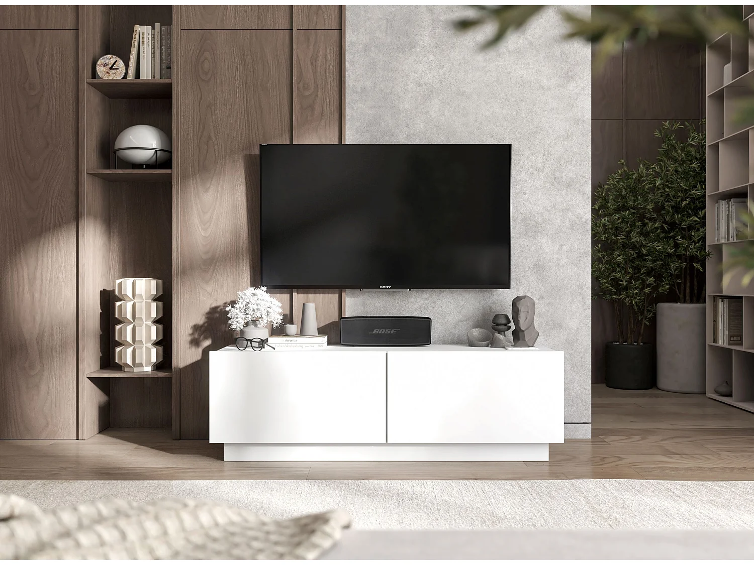 Meuble TV avec 2 portes - corps Blanc mat, façades Blanc mat - 120 cm, sur socle