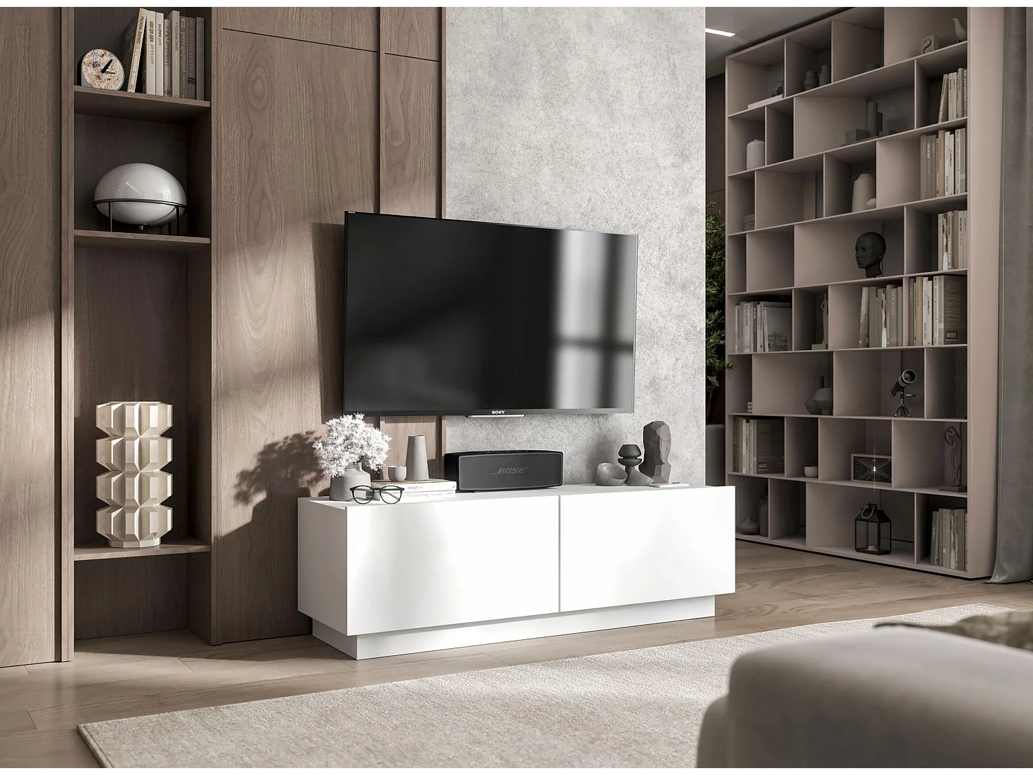 Meuble TV avec 2 portes - corps Blanc mat, façades Blanc mat - 120 cm, sur socle