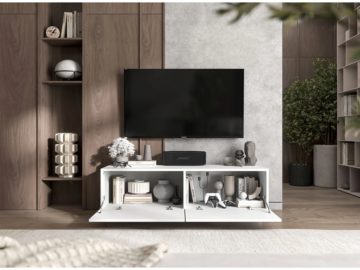 Meuble TV avec 2 portes - corps Blanc mat, façades Blanc mat - 120 cm, sur socle