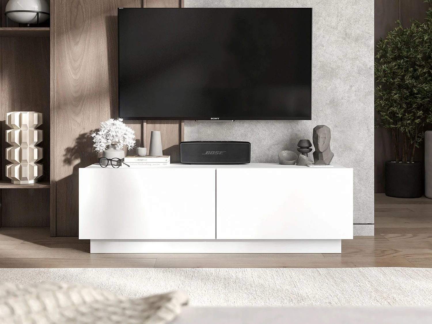 Móvel de TV com 2 portas - corpo Branco fosco, frentes Branco fosco - 120 cm, sobre base