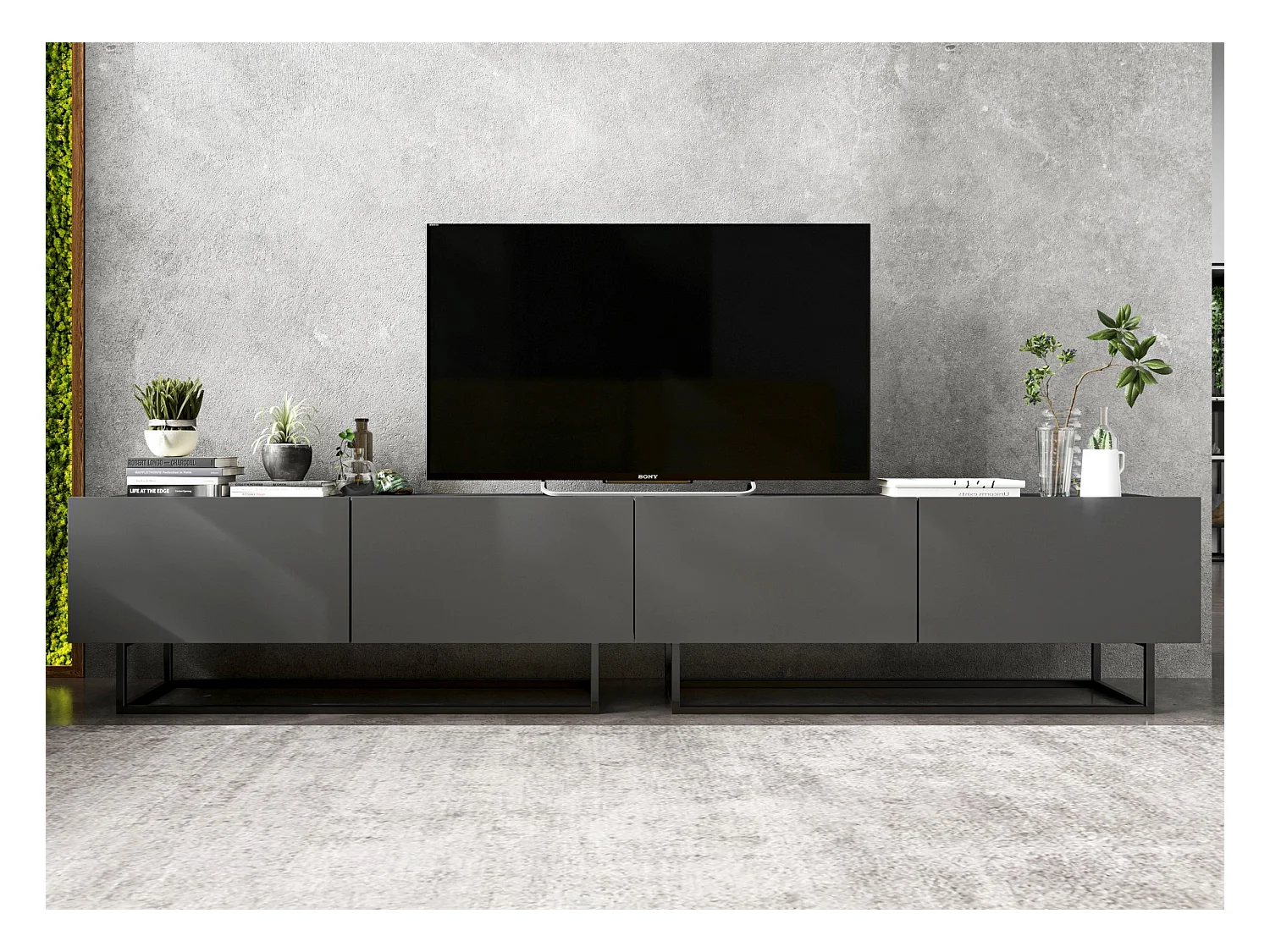 Meuble TV avec 4 portes - corps Graphite mat, façades Graphite mat - 240 cm, Cadre en métal noir