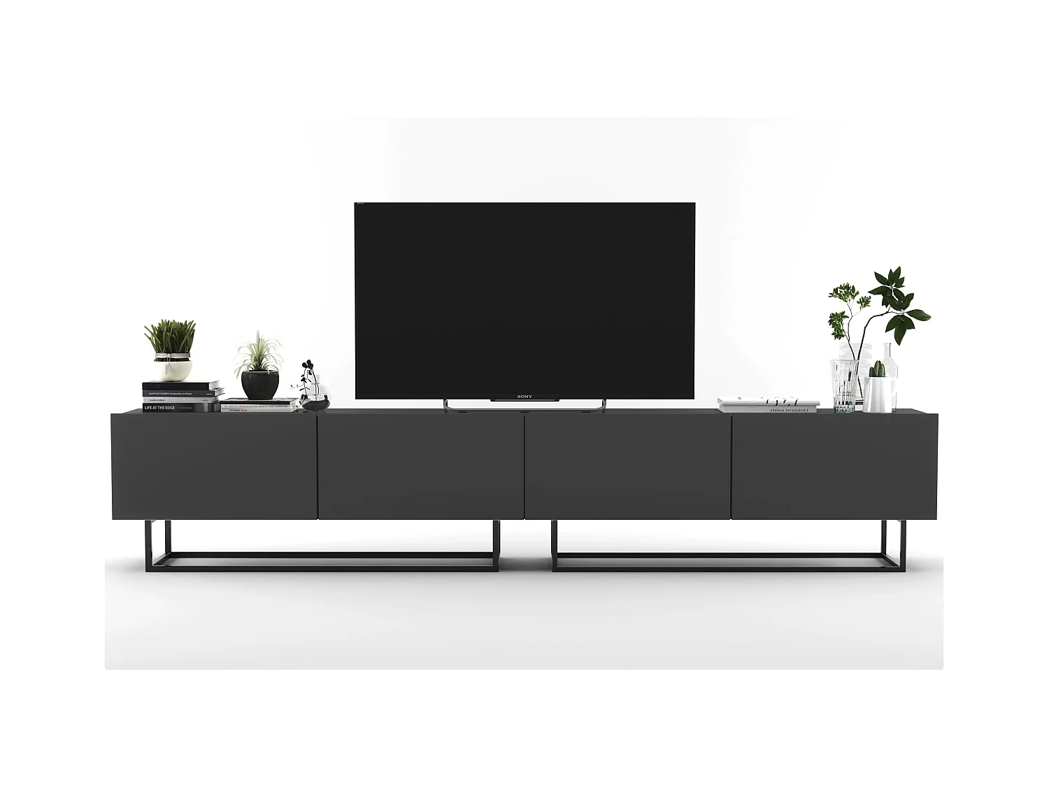 Meuble TV avec 4 portes - corps Graphite mat, façades Graphite mat - 240 cm, Cadre en métal noir