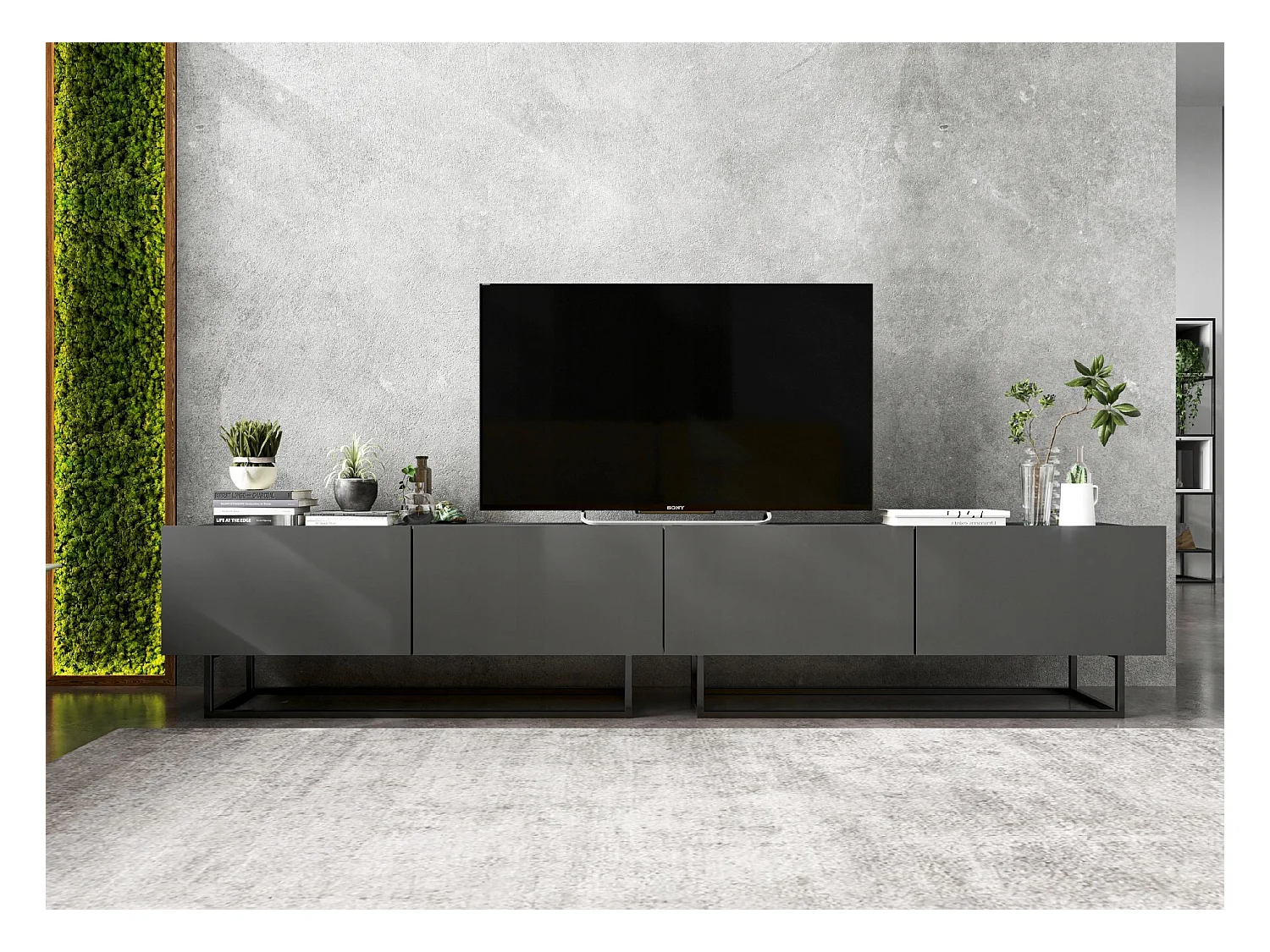 Meuble TV avec 4 portes - corps Graphite mat, façades Graphite mat - 240 cm, Cadre en métal noir
