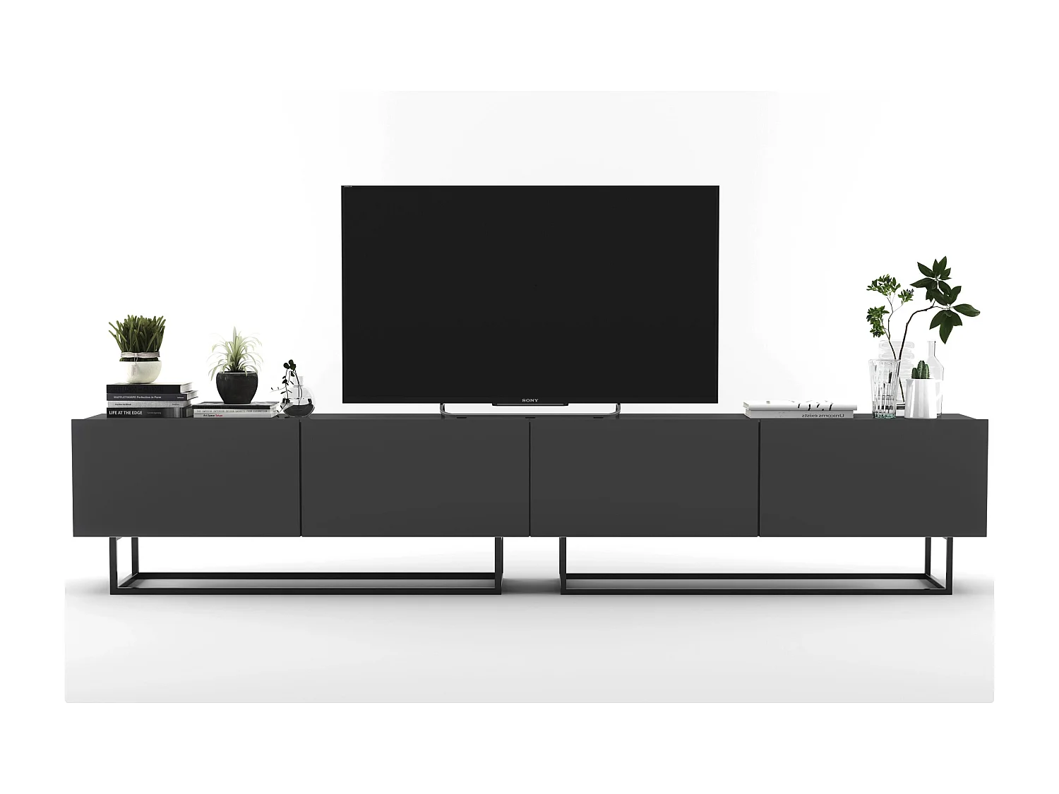 Meuble TV avec 4 portes - corps Graphite mat, façades Graphite mat - 240 cm, Cadre en métal noir