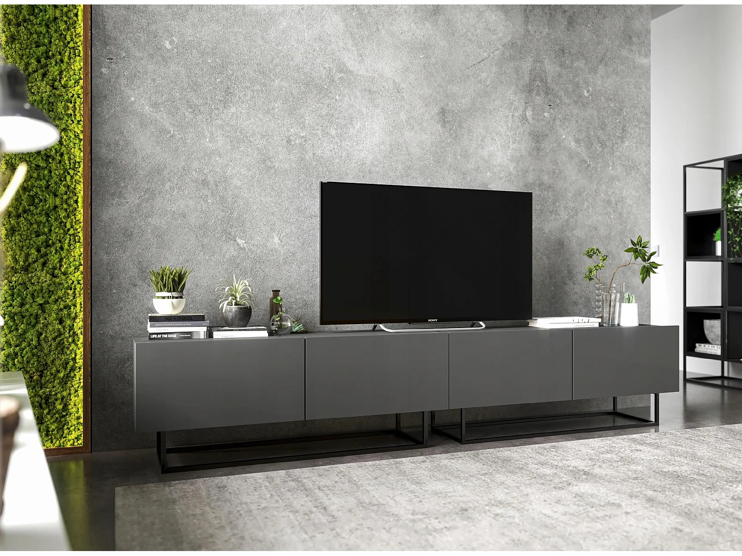 Móvel de TV com 4 portas - corpo Grafite mate, frentes Grafite mate - 240 cm, estrutura metálica preta
