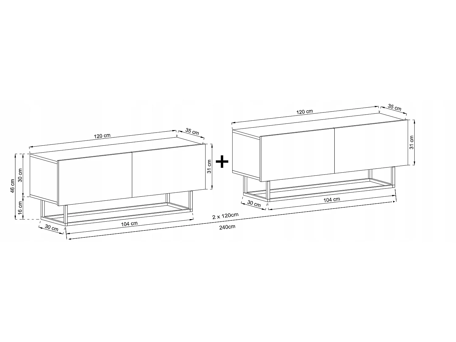 Móvel de TV com 4 portas - corpo Grafite mate, frentes Grafite mate - 240 cm, estrutura metálica preta