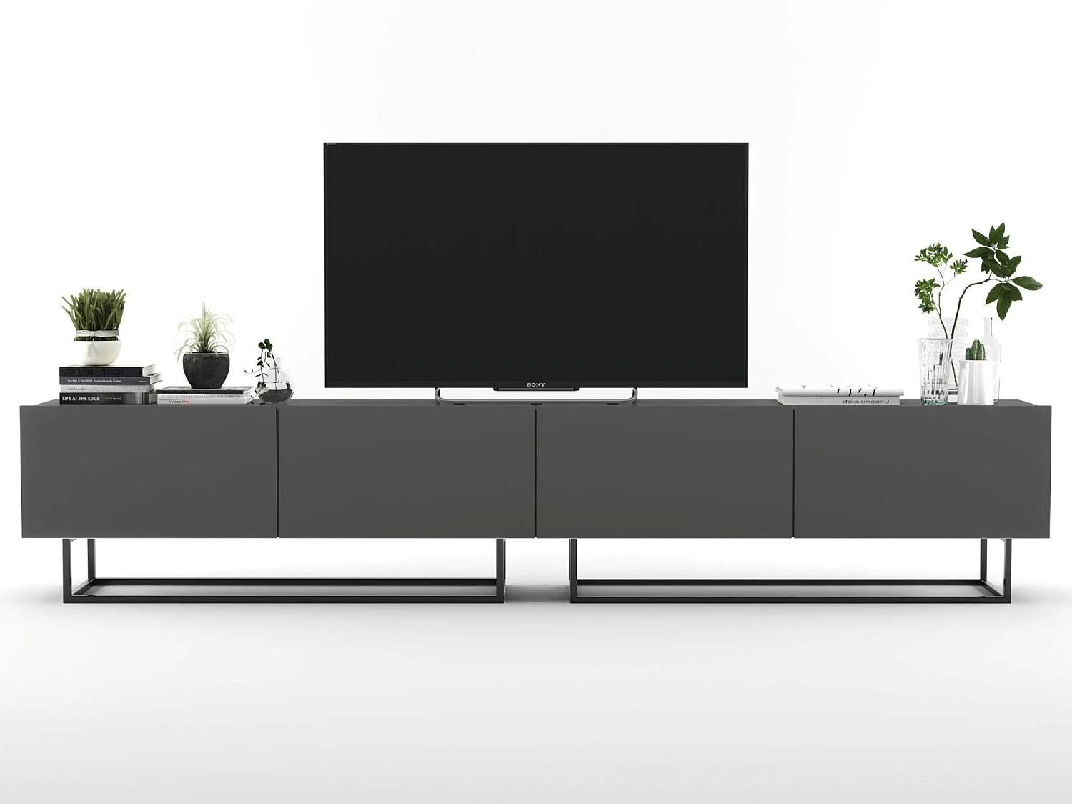 Móvel de TV com 4 portas - corpo Grafite mate, frentes Grafite mate - 240 cm, estrutura metálica preta