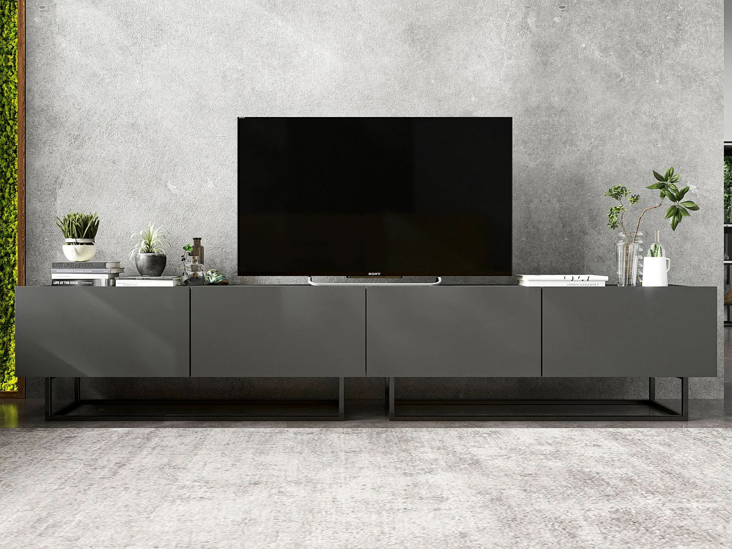 Móvel de TV com 4 portas - corpo Grafite mate, frentes Grafite mate - 240 cm, estrutura metálica preta