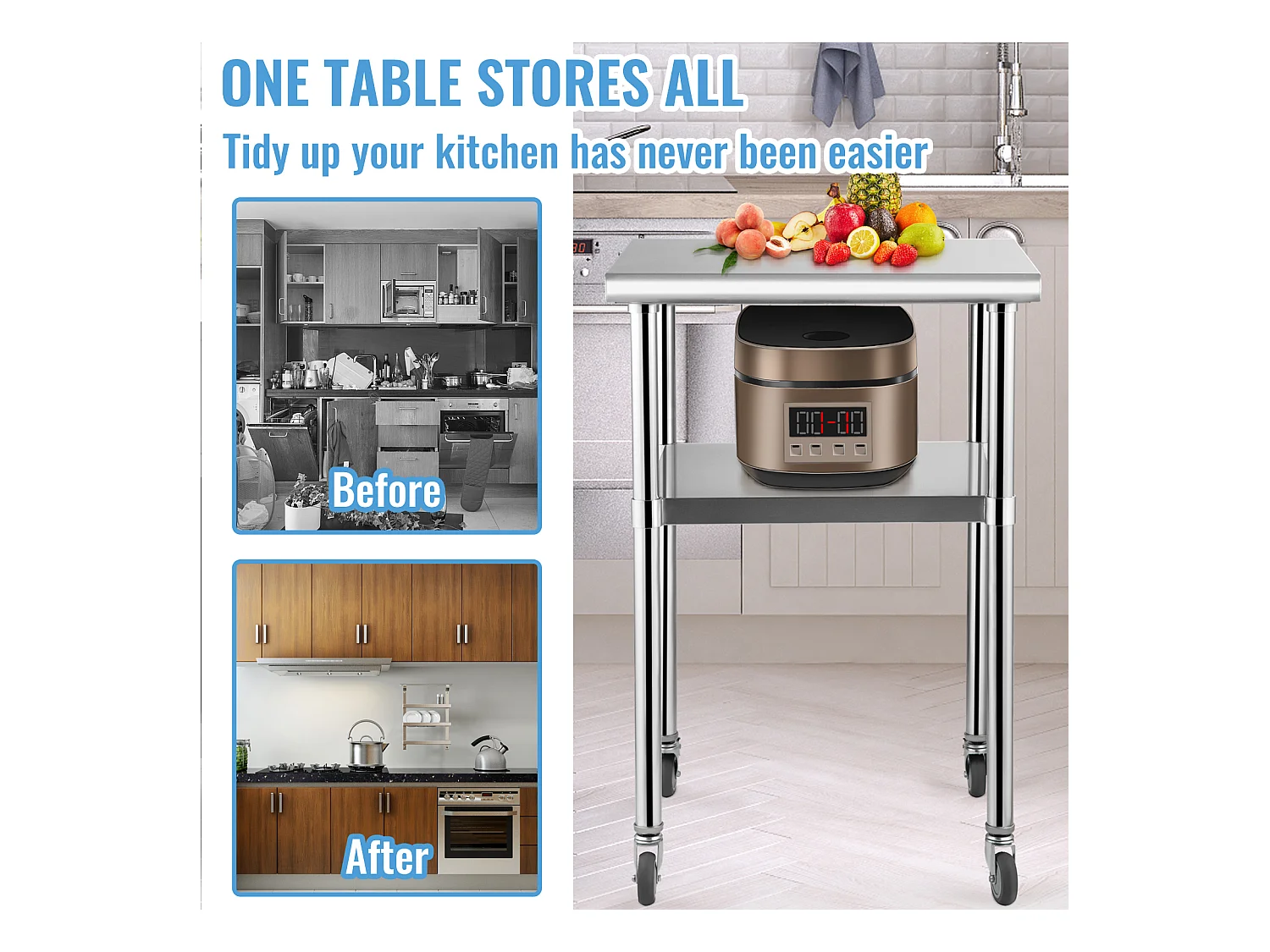 Table de Travail en Acier Inoxydable SucceBuy, 61 x 61 x 85cm, Table de Préparation des Aliments Commerciale avec Roulettes