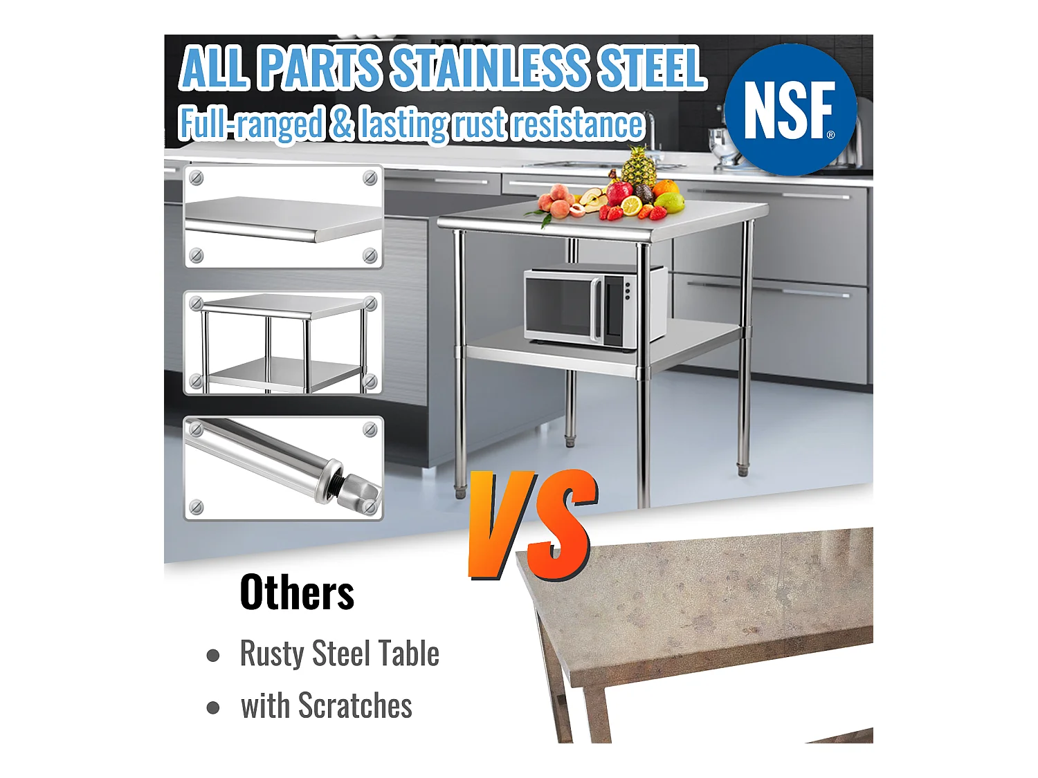 Table de Travail en Acier Inoxydable SucceBuy, 61 x 61 x 85cm, Table de Préparation des Aliments Commerciale avec Roulettes