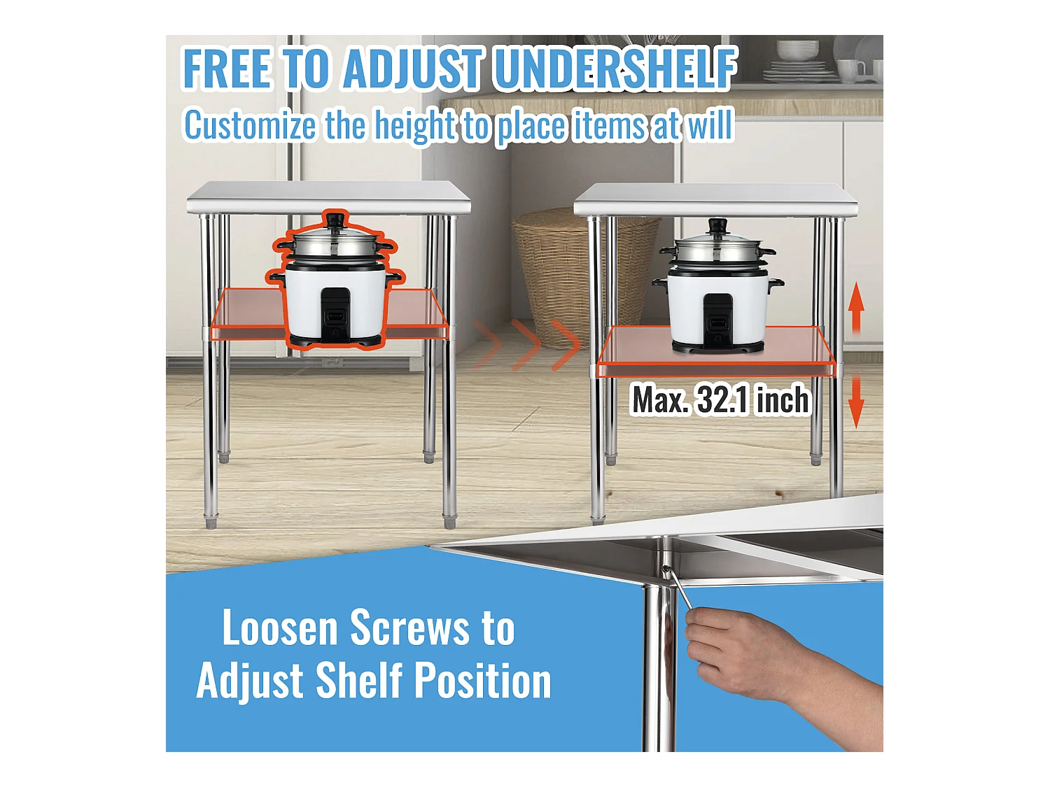 Table de Travail en Acier Inoxydable SucceBuy, 61 x 61 x 85cm, Table de Préparation des Aliments Commerciale avec Roulettes