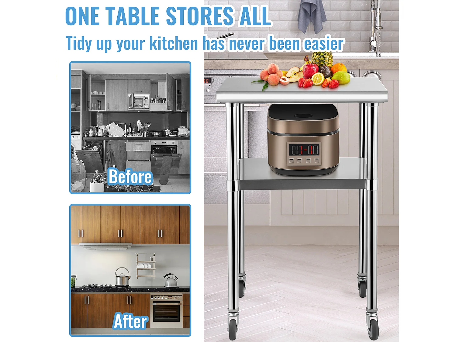 Stoł Roboczy ze Stali Nierdzewnej SucceBuy, 61 x 61 x 85 cm, Stoł Handlowy do Przygotowywania Jedzenia z Kółkami