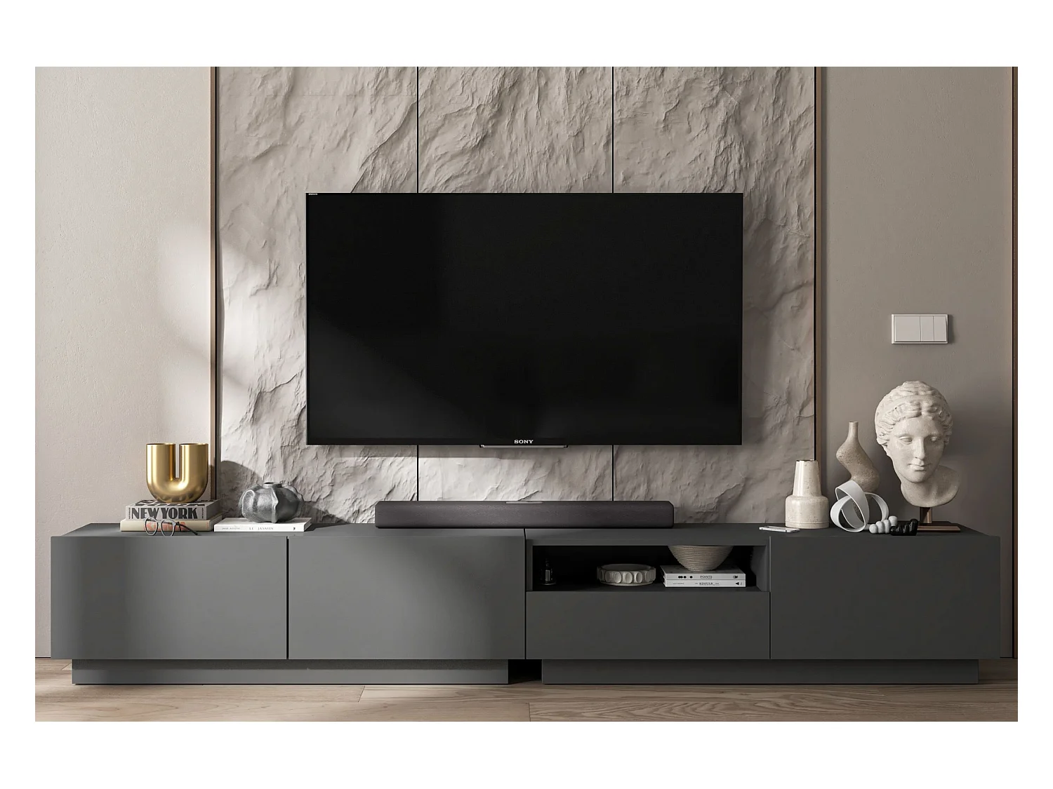 Meuble TV avec 3 portes et niche, tiroir - corps Graphite mat, façades Graphite mat - 240 cm, sur socle