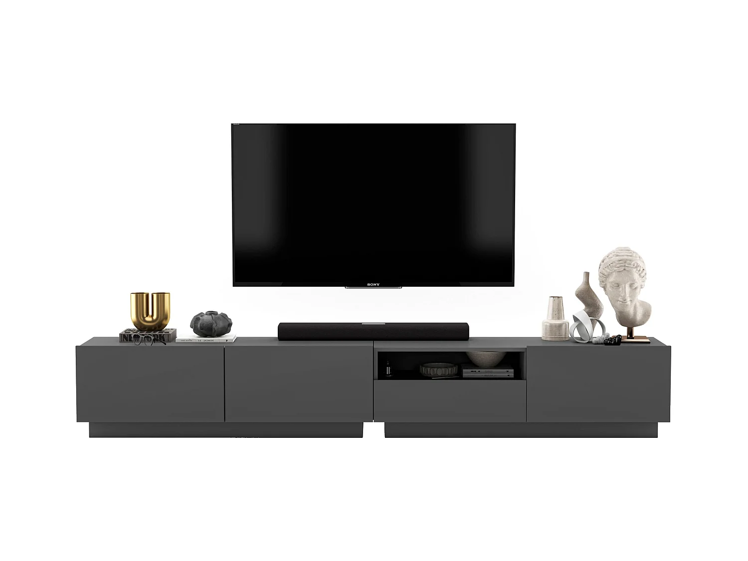 Meuble TV avec 3 portes et niche, tiroir - corps Graphite mat, façades Graphite mat - 240 cm, sur socle