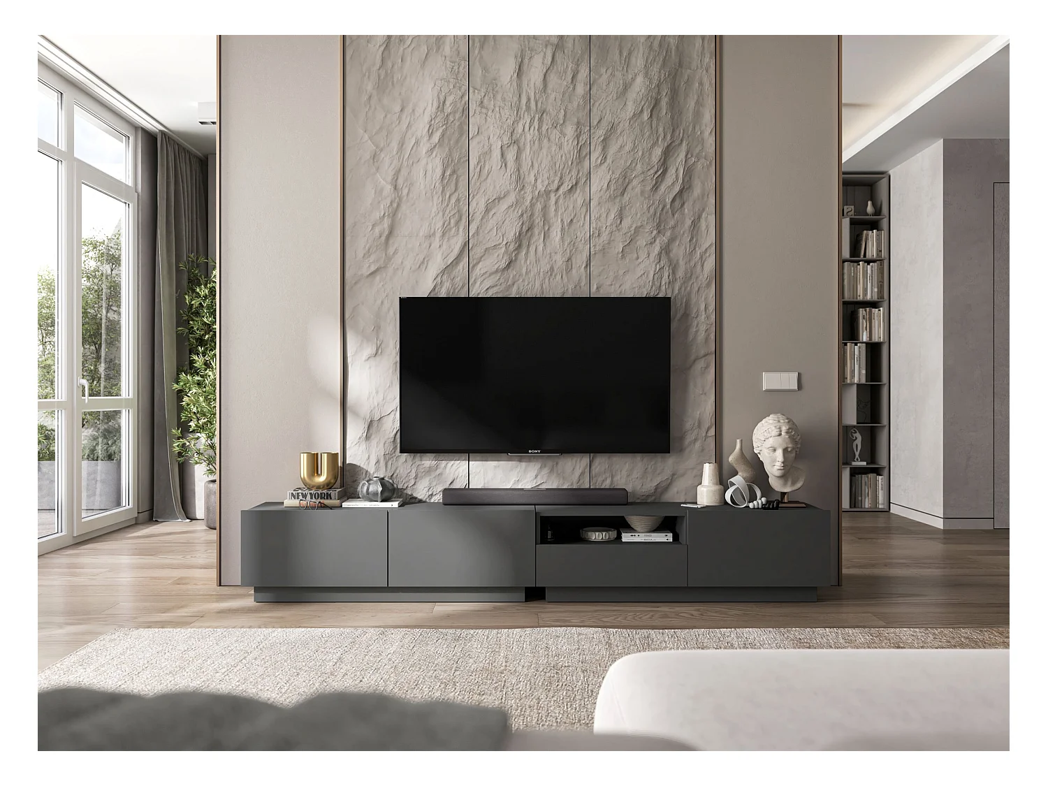 Meuble TV avec 3 portes et niche, tiroir - corps Graphite mat, façades Graphite mat - 240 cm, sur socle