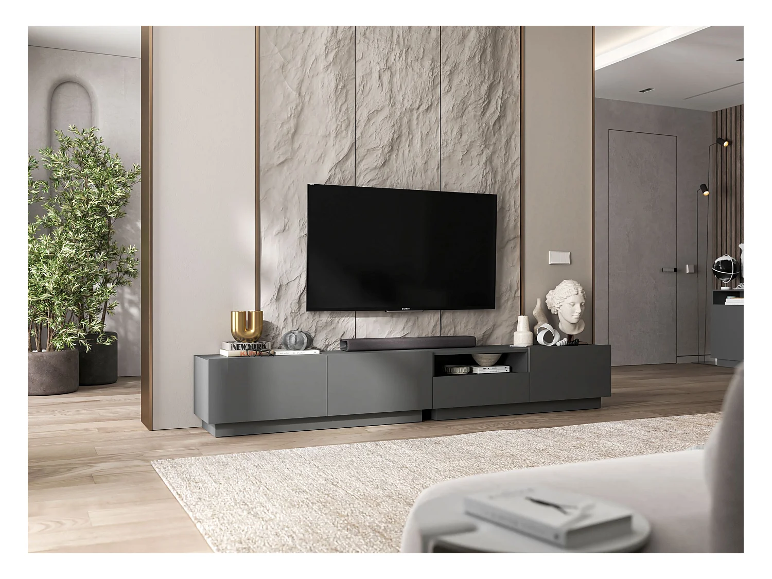 Meuble TV avec 3 portes et niche, tiroir - corps Graphite mat, façades Graphite mat - 240 cm, sur socle
