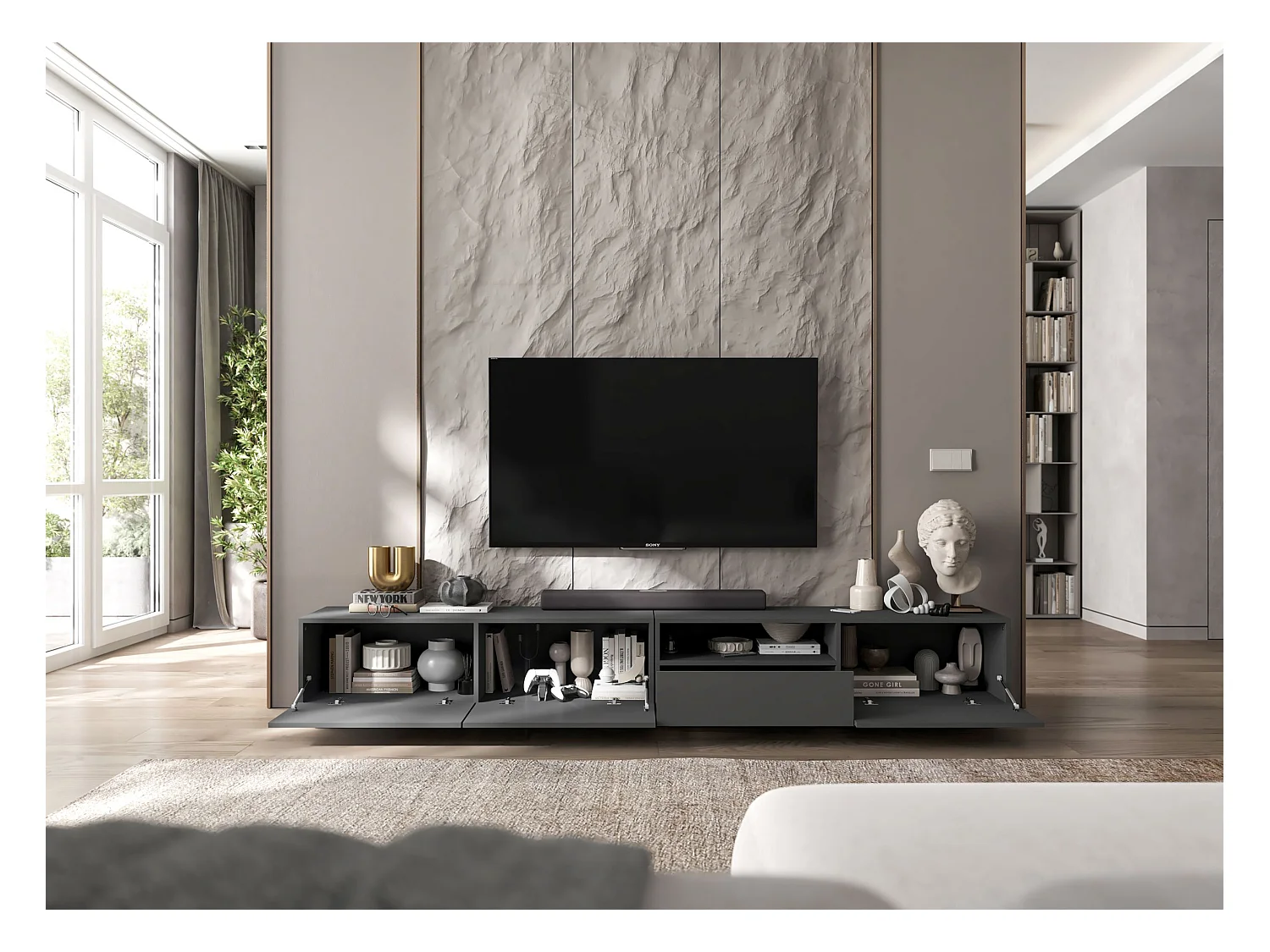 Meuble TV avec 3 portes et niche, tiroir - corps Graphite mat, façades Graphite mat - 240 cm, sur socle