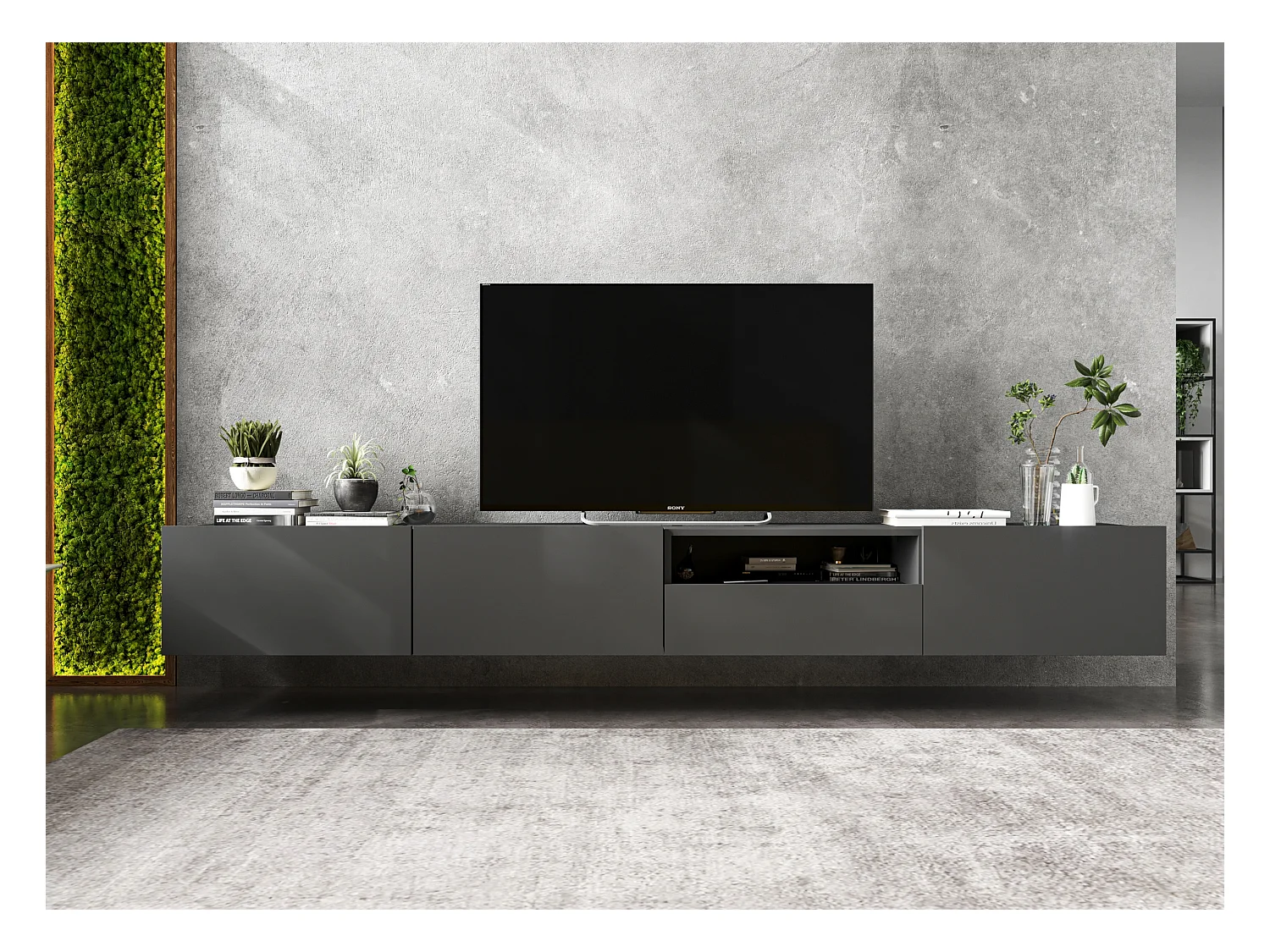 Meuble TV avec 3 portes et niche, tiroir - corps Graphite mat, façades Graphite mat - 240 cm, sur socle