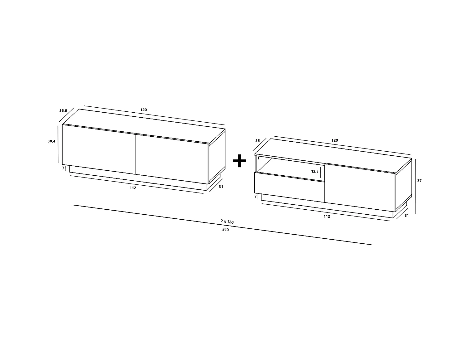 Meuble TV avec 3 portes et niche, tiroir - corps Graphite mat, façades Graphite mat - 240 cm, sur socle