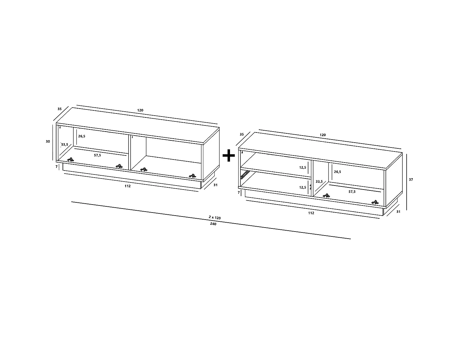 Meuble TV avec 3 portes et niche, tiroir - corps Graphite mat, façades Graphite mat - 240 cm, sur socle