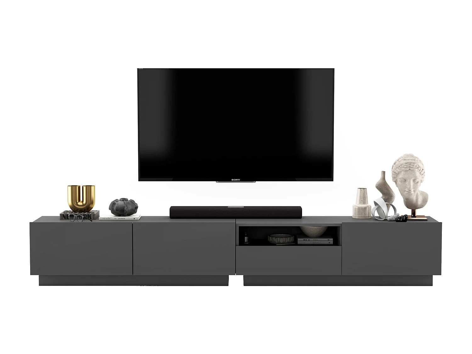Meuble TV avec 3 portes et niche, tiroir - corps Graphite mat, façades Graphite mat - 240 cm, sur socle