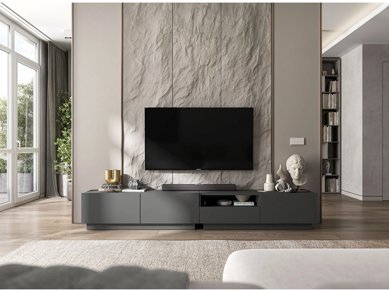 Meuble TV avec 3 portes et niche, tiroir - corps Graphite mat, façades Graphite mat - 240 cm, sur socle