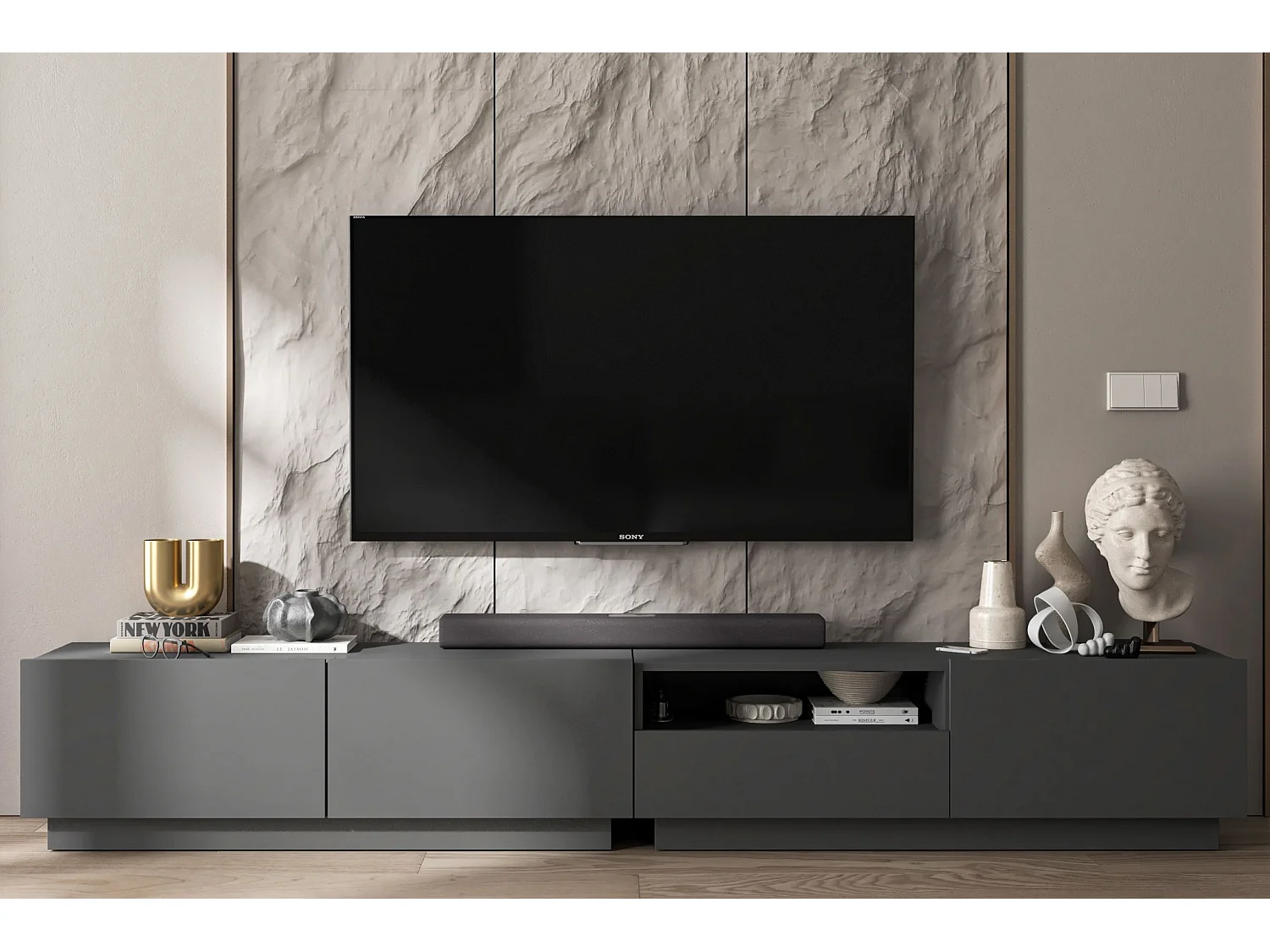 Meuble TV avec 3 portes et niche, tiroir - corps Graphite mat, façades Graphite mat - 240 cm, sur socle
