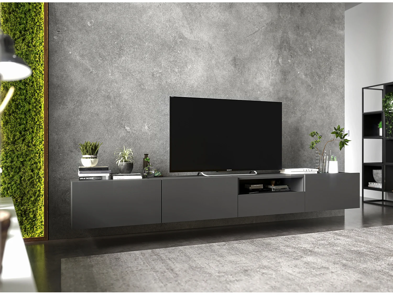 Meuble TV avec 3 portes et niche, tiroir - corps Graphite mat, façades Graphite mat - 240 cm, sur socle