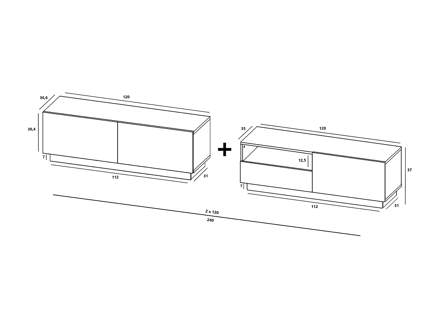 Meuble TV avec 3 portes et niche, tiroir - corps Graphite mat, façades Graphite mat - 240 cm, sur socle