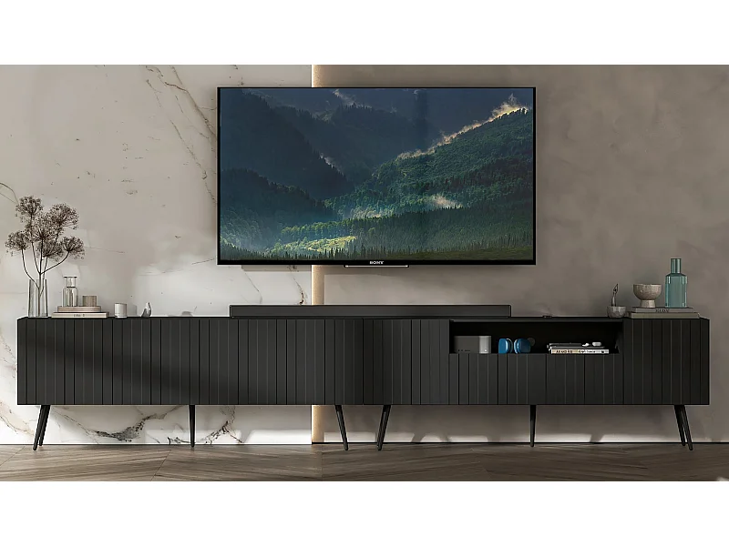 Meuble TV avec 7 portes et niche - Corps Noir mat, façades rainurées Noir mat - 300 cm, pieds noirs