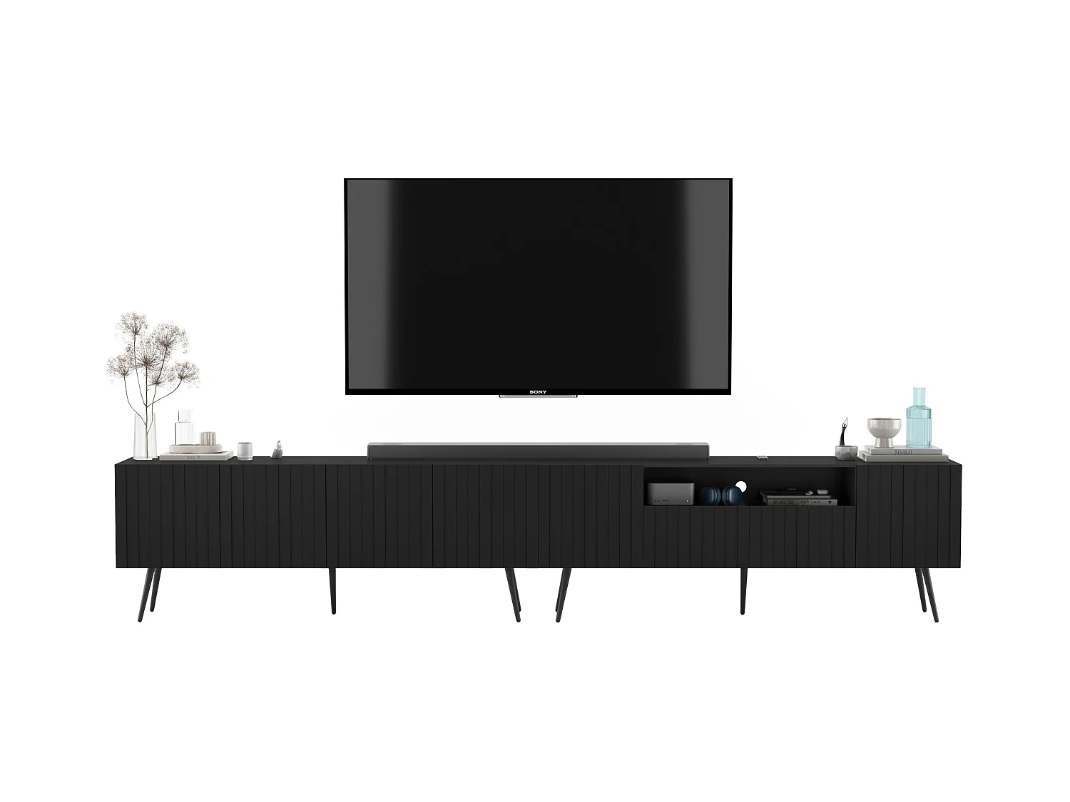 Meuble TV avec 7 portes et niche - Corps Noir mat, façades rainurées Noir mat - 300 cm, pieds noirs