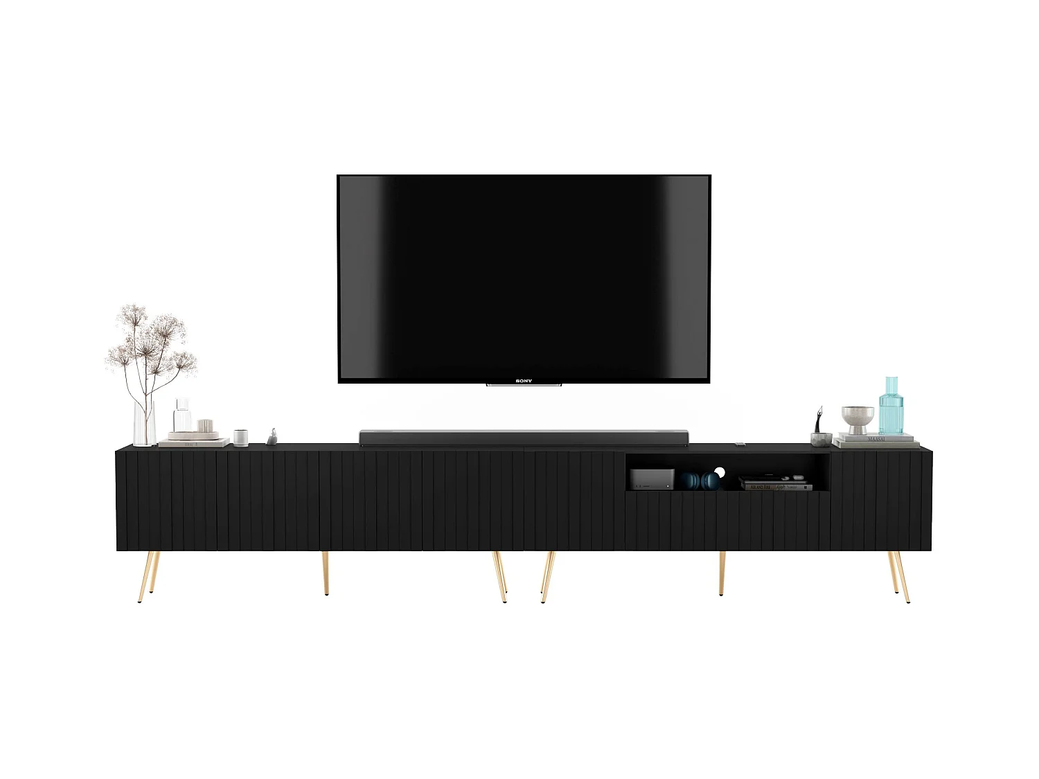 Meuble TV avec 7 portes et niche - Corps Noir mat, façades rainurées Noir mat - 300 cm, pieds noirs