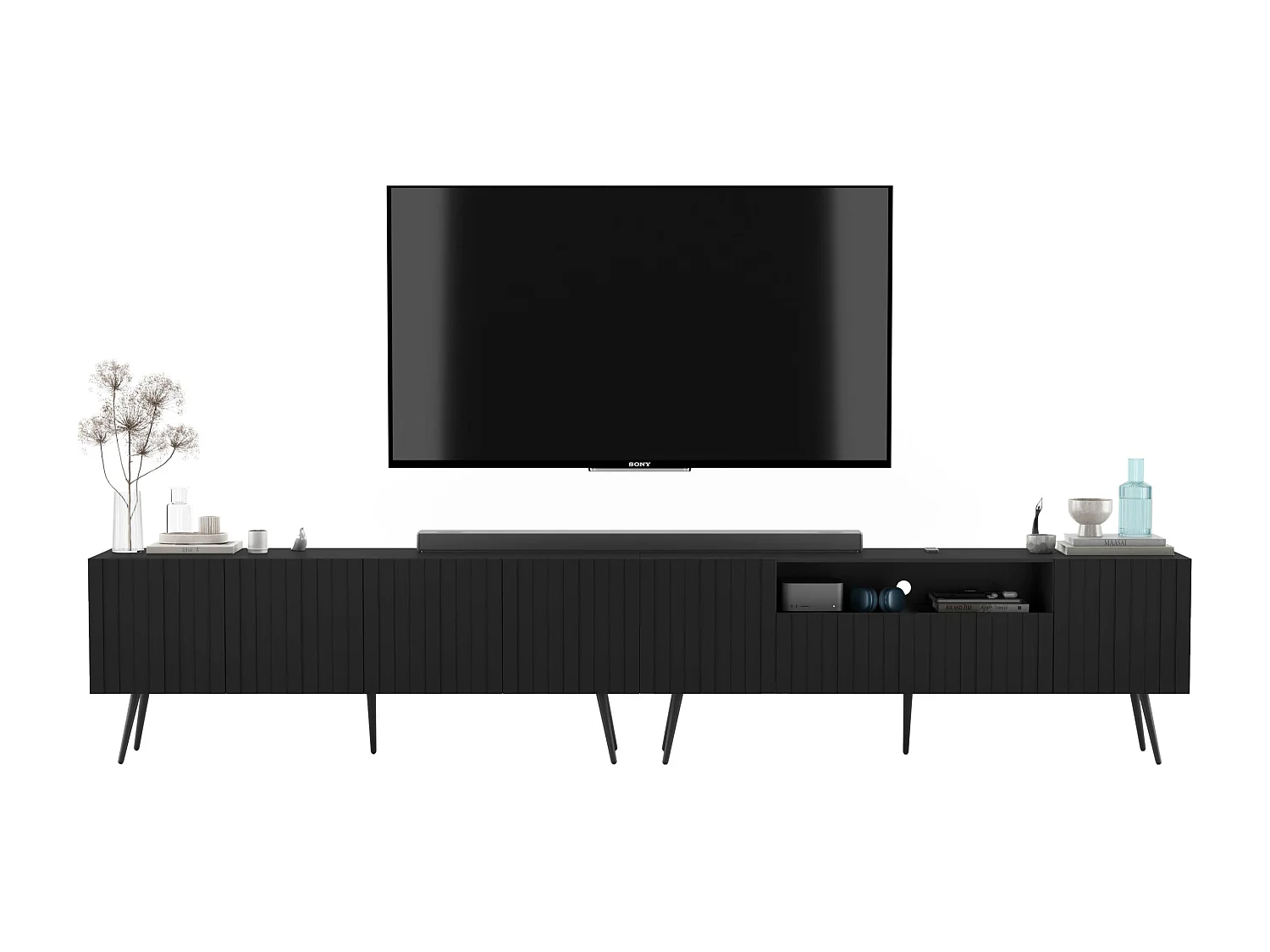 Meuble TV avec 7 portes et niche - Corps Noir mat, façades rainurées Noir mat - 300 cm, pieds noirs