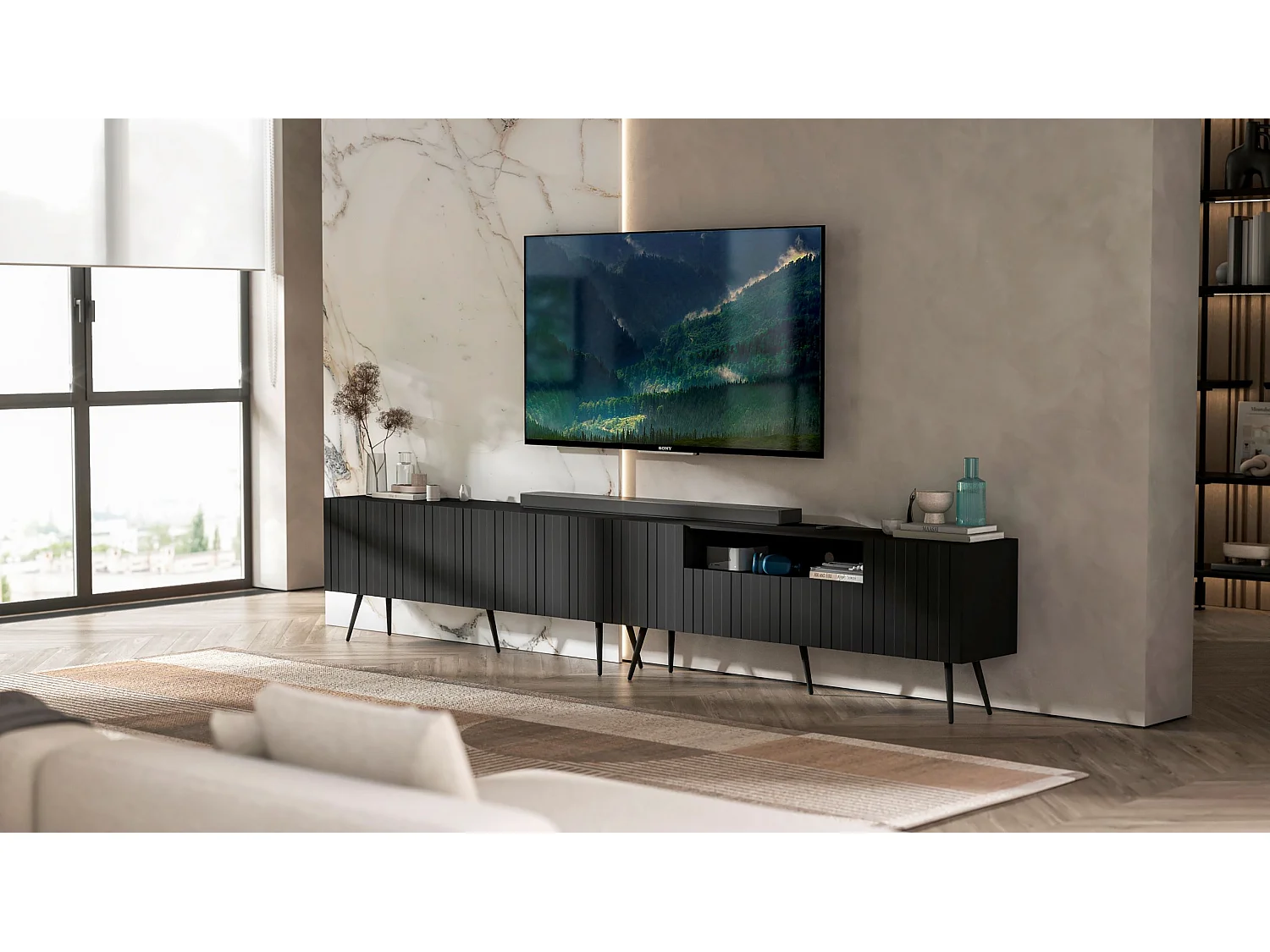 Meuble TV avec 7 portes et niche - Corps Noir mat, façades rainurées Noir mat - 300 cm, pieds noirs