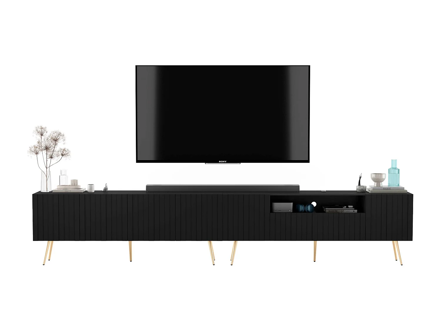 Meuble TV avec 7 portes et niche - Corps Noir mat, façades rainurées Noir mat - 300 cm, pieds noirs