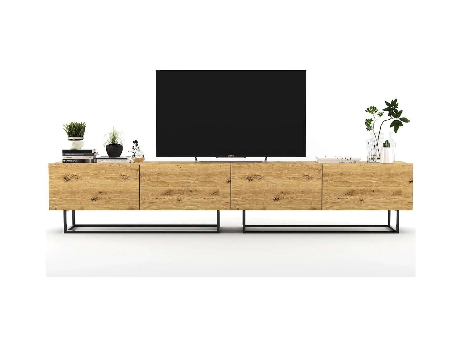 Meuble TV avec 4 portes - corps Chêne artisanal mat, façades Chêne artisanal mat - 240 cm, Cadre en métal noir