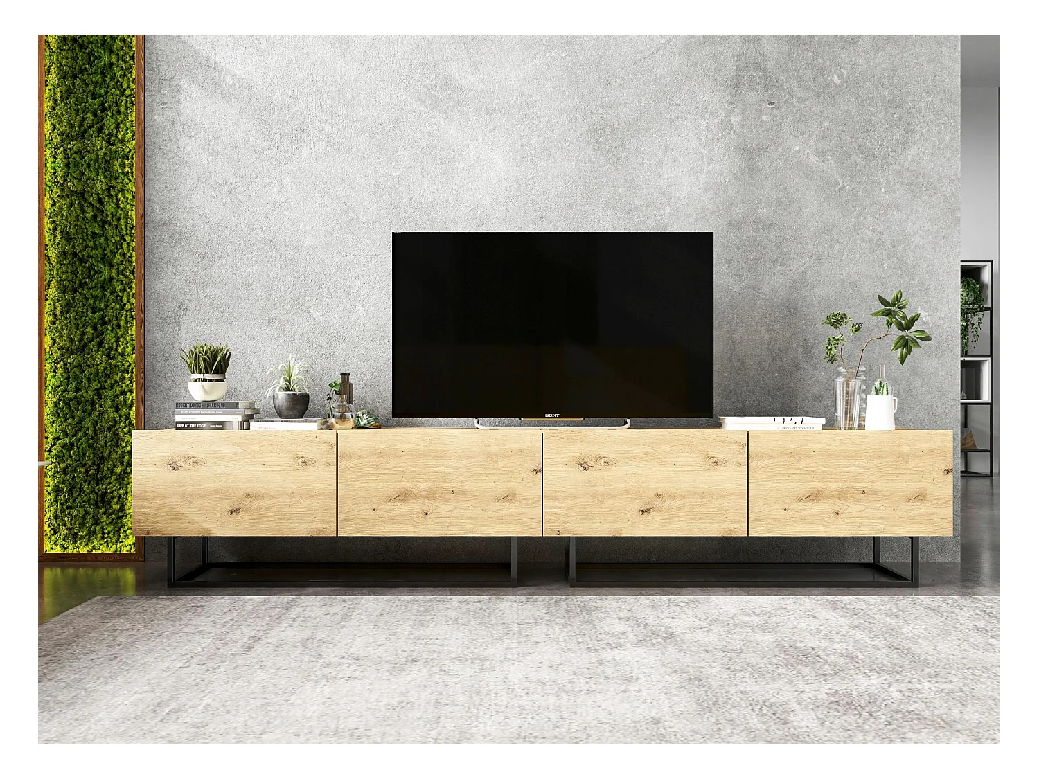 Meuble TV avec 4 portes - corps Chêne artisanal mat, façades Chêne artisanal mat - 240 cm, Cadre en métal noir