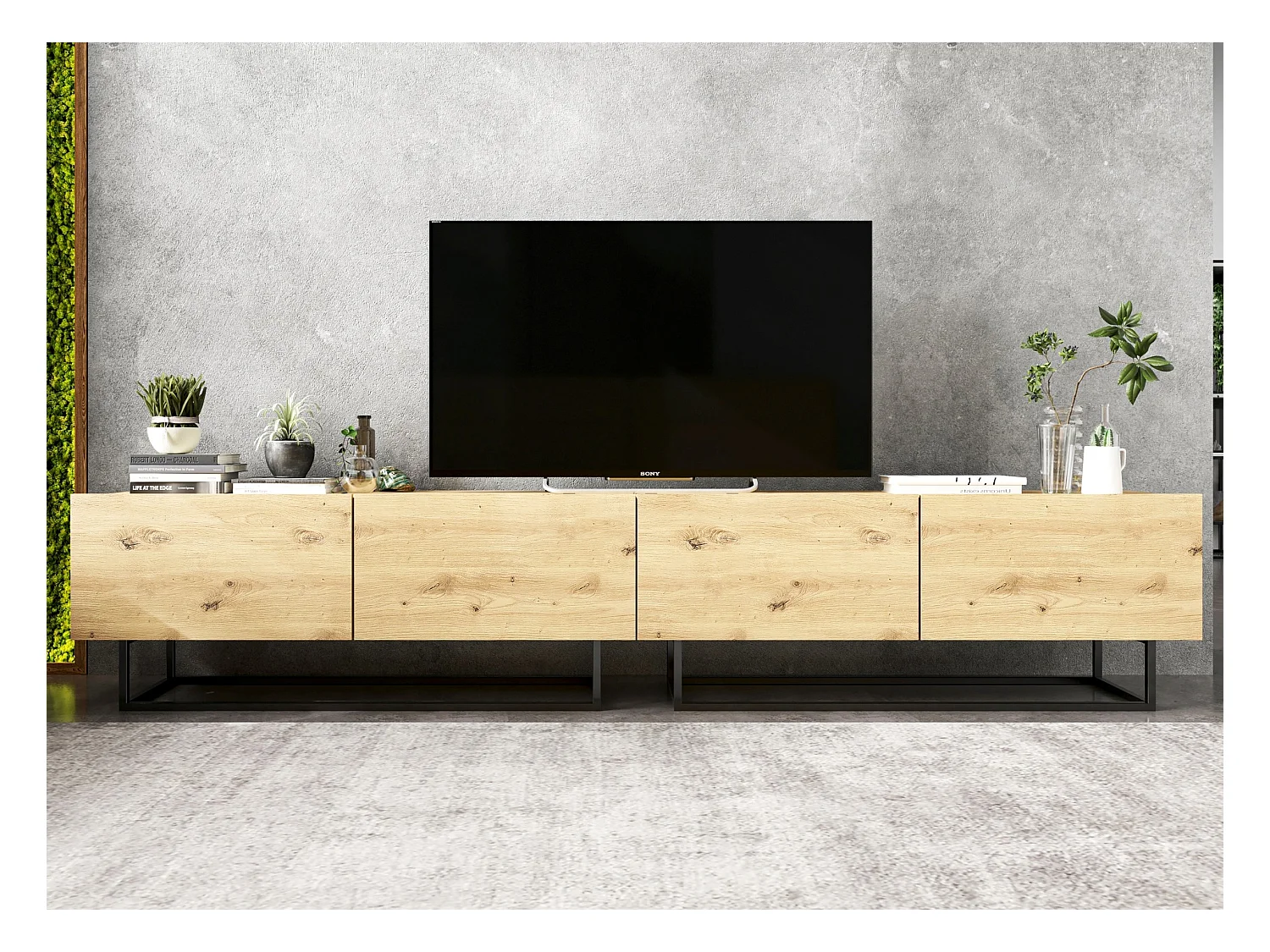 Meuble TV avec 4 portes - corps Chêne artisanal mat, façades Chêne artisanal mat - 240 cm, Cadre en métal noir