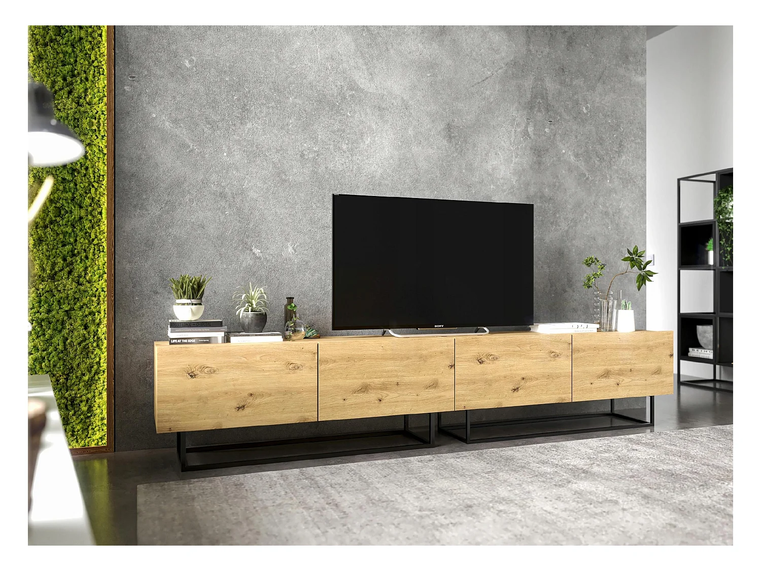 Meuble TV avec 4 portes - corps Chêne artisanal mat, façades Chêne artisanal mat - 240 cm, Cadre en métal noir