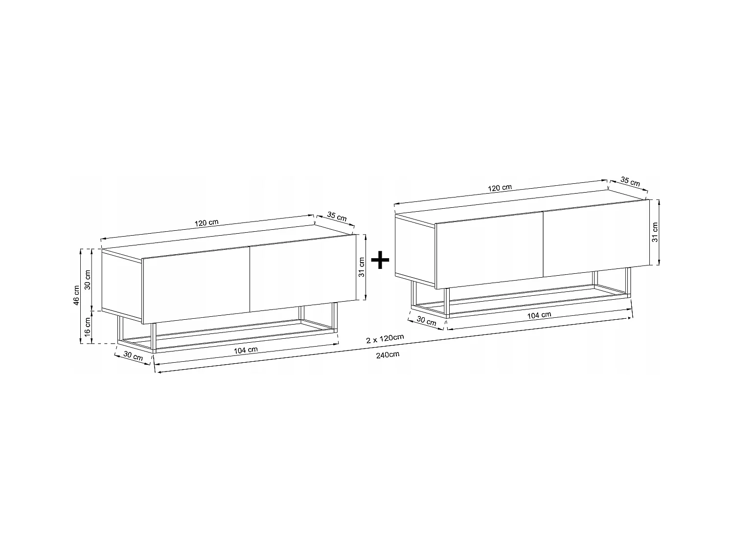 Meuble TV avec 4 portes - corps Chêne artisanal mat, façades Chêne artisanal mat - 240 cm, Cadre en métal noir