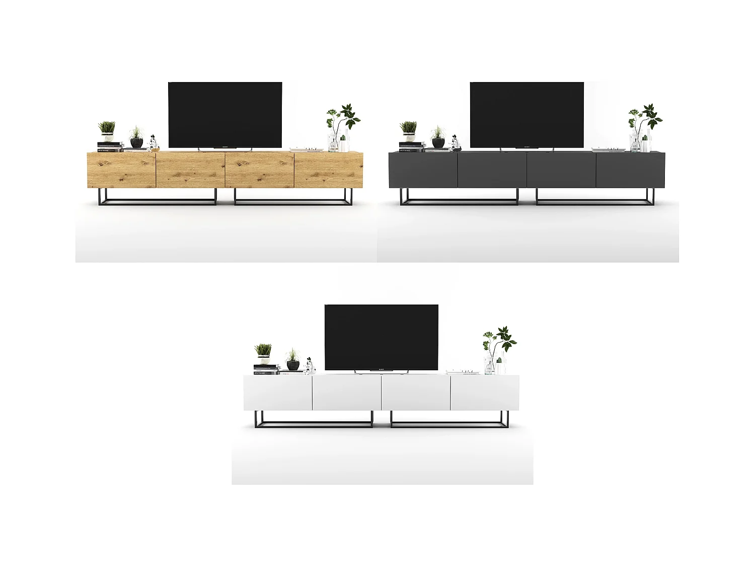 Meuble TV avec 4 portes - corps Chêne artisanal mat, façades Chêne artisanal mat - 240 cm, Cadre en métal noir