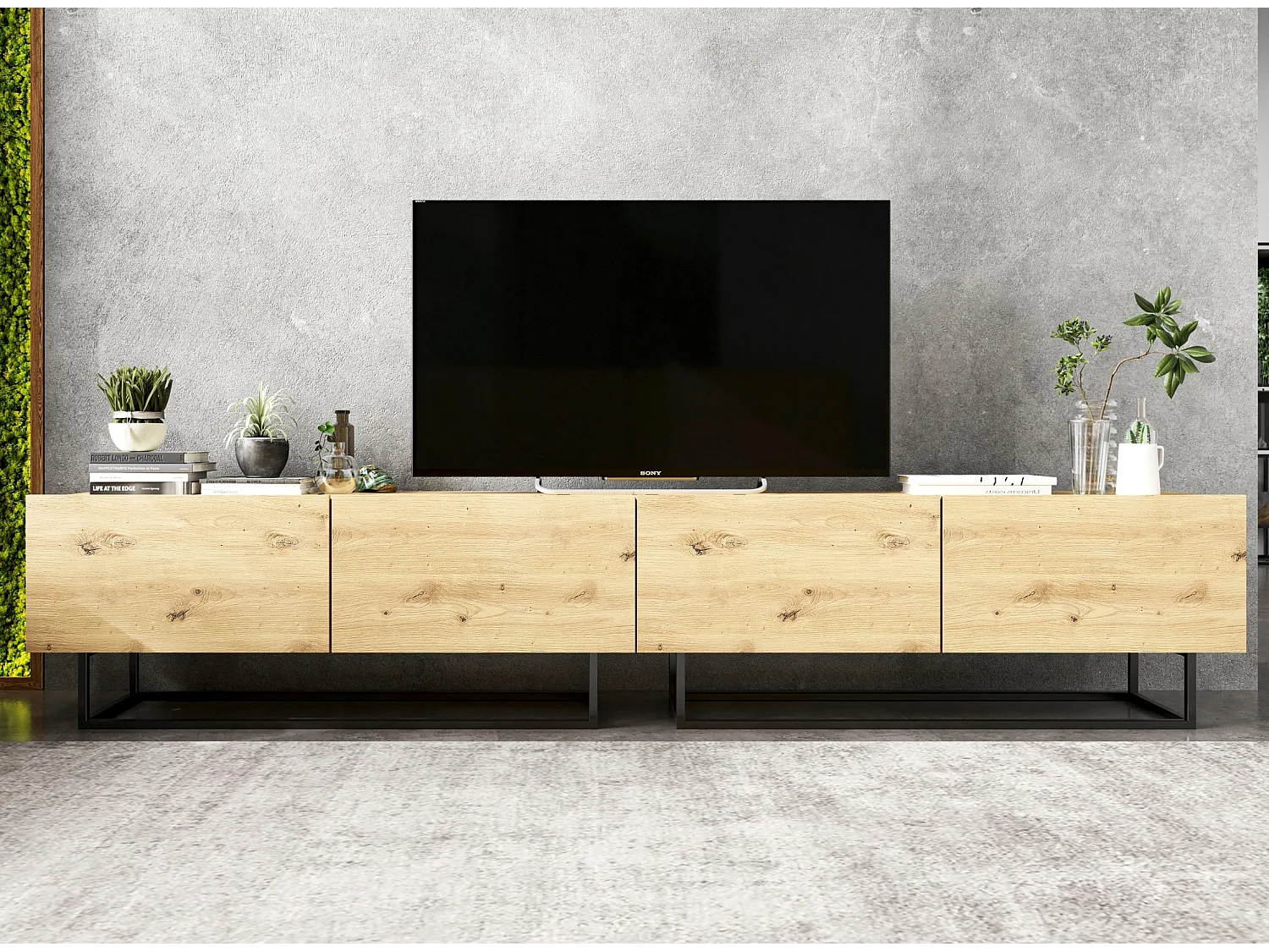 Meuble TV avec 4 portes - corps Chêne artisanal mat, façades Chêne artisanal mat - 240 cm, Cadre en métal noir