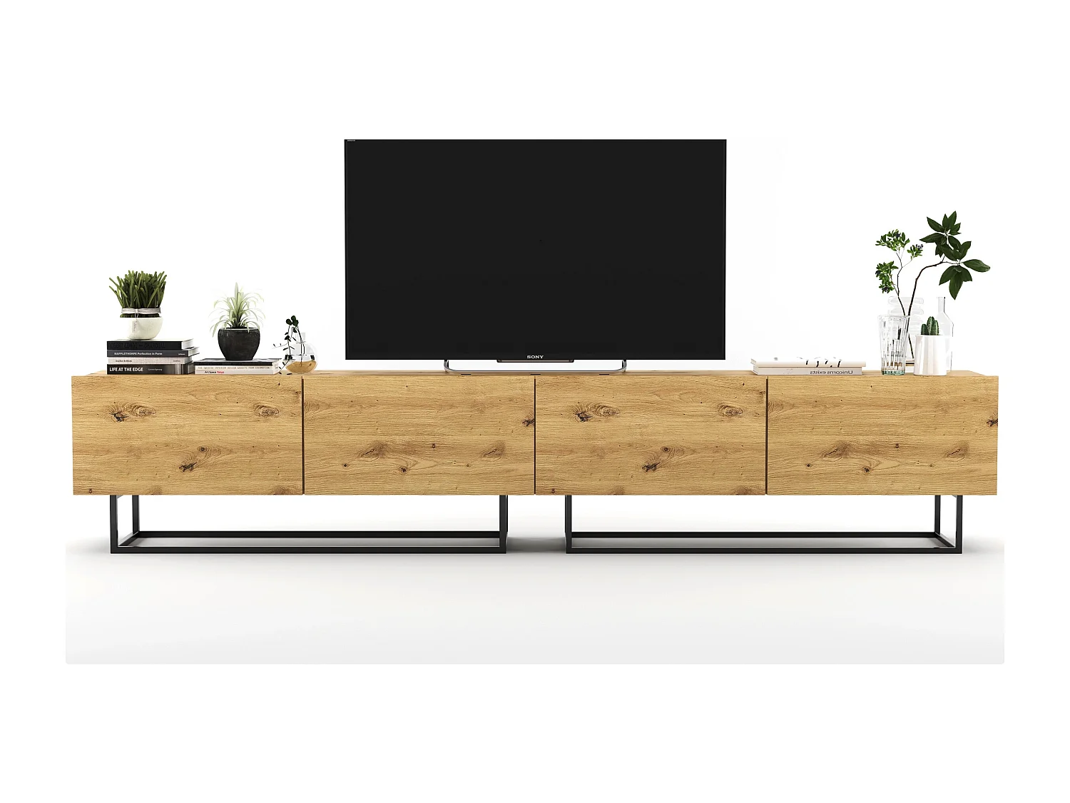 Meuble TV avec 4 portes - corps Chêne artisanal mat, façades Chêne artisanal mat - 240 cm, Cadre en métal noir