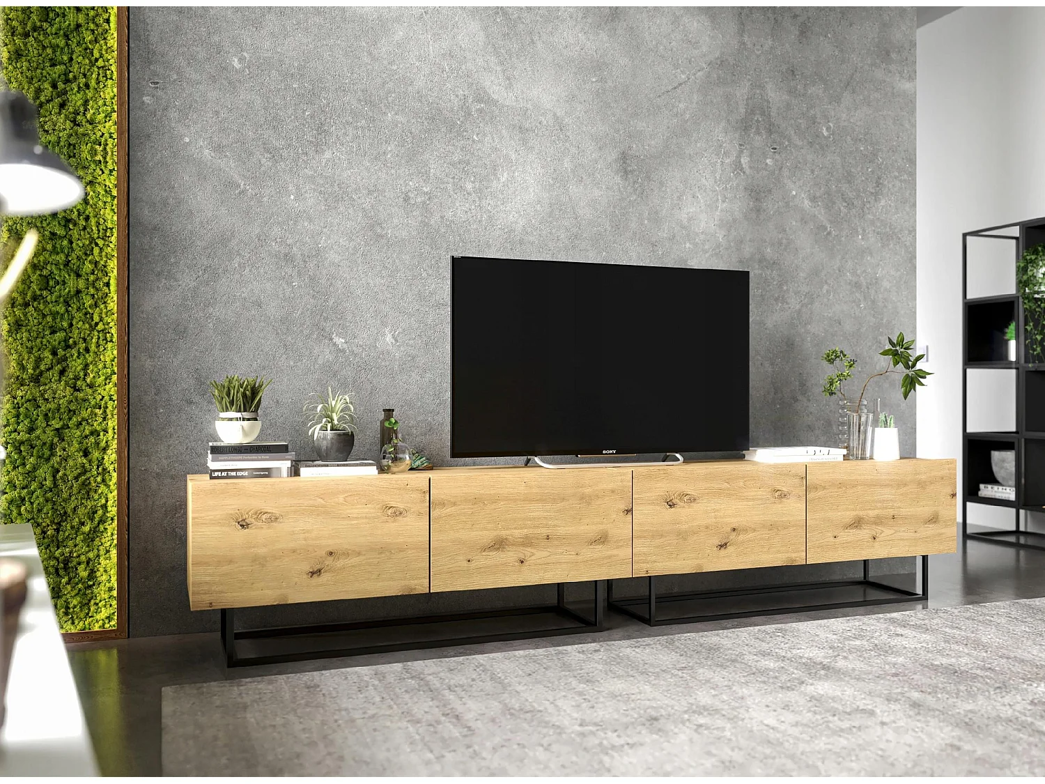TV-meubel met 4 deuren - romp artisan eiken mat, fronten artisan eiken mat - 240 cm, zwart metalen frame